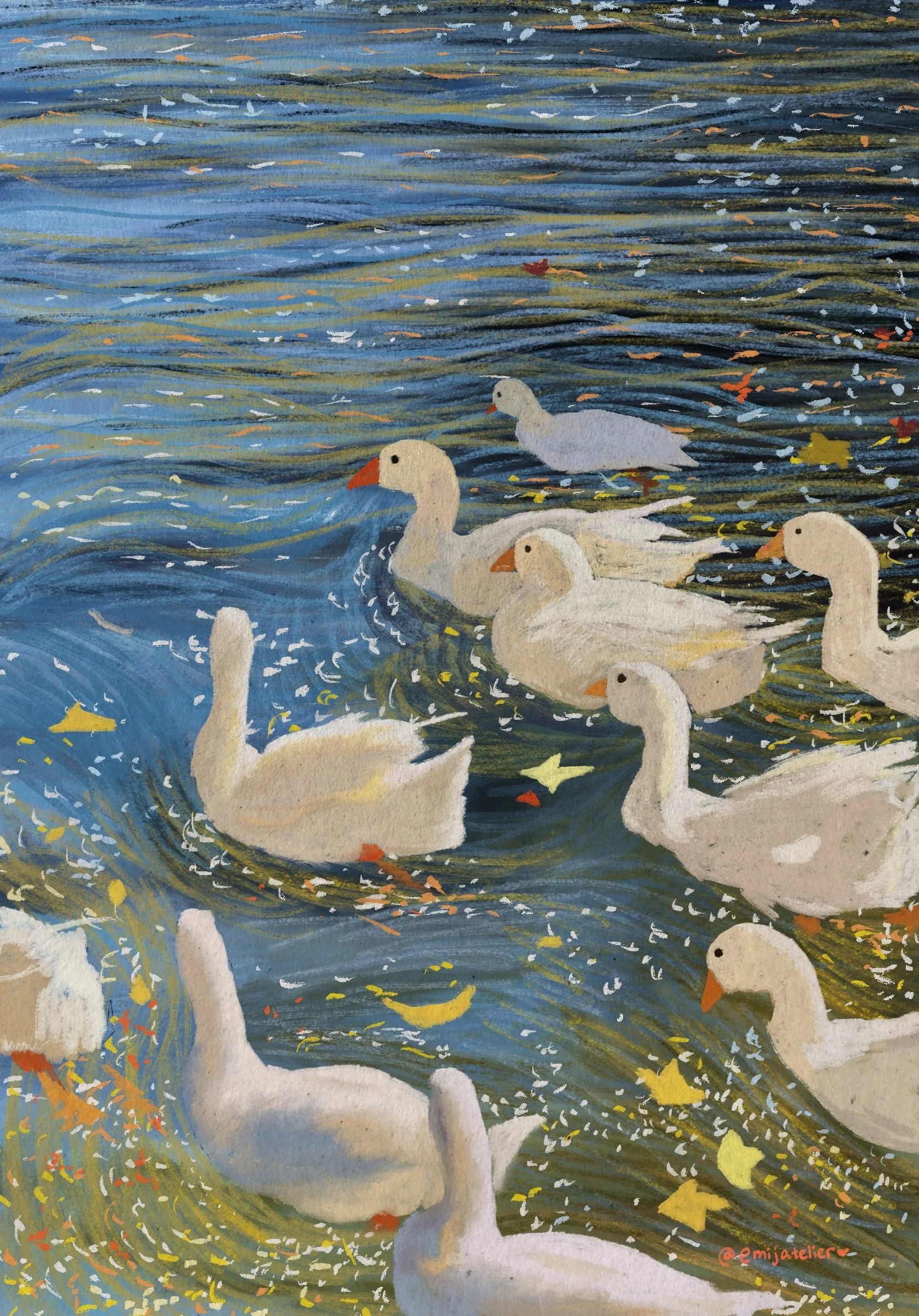 Waterfowl swimming in a stylized, colorful body of water with swirling patterns and floating leaves.