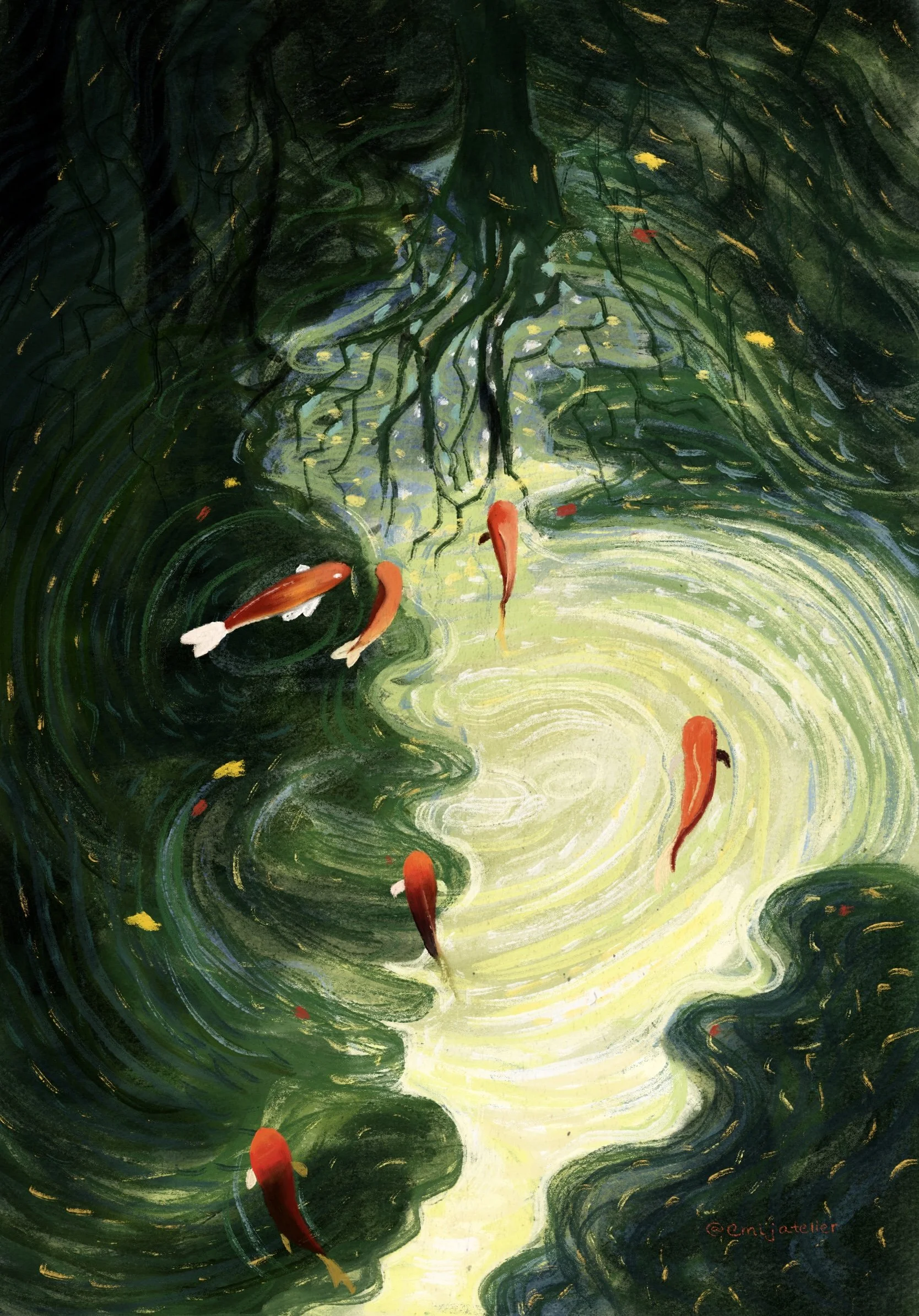 Abstract painting of orange koi fish swimming through a dark green pond with swirling pale reflections and aquatic plants