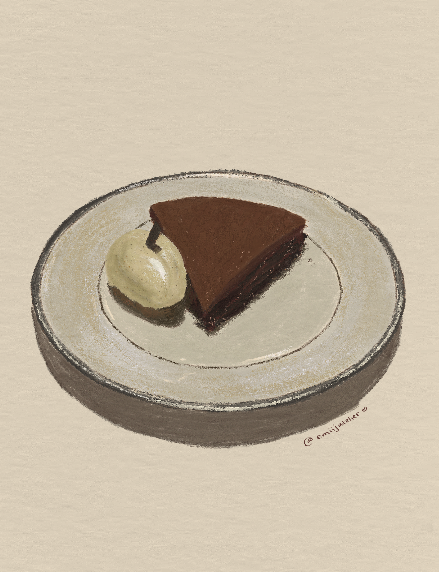 A plate with a slice of chocolate cake and a dollop of whipped cream with a cherry on top, on a white surface.