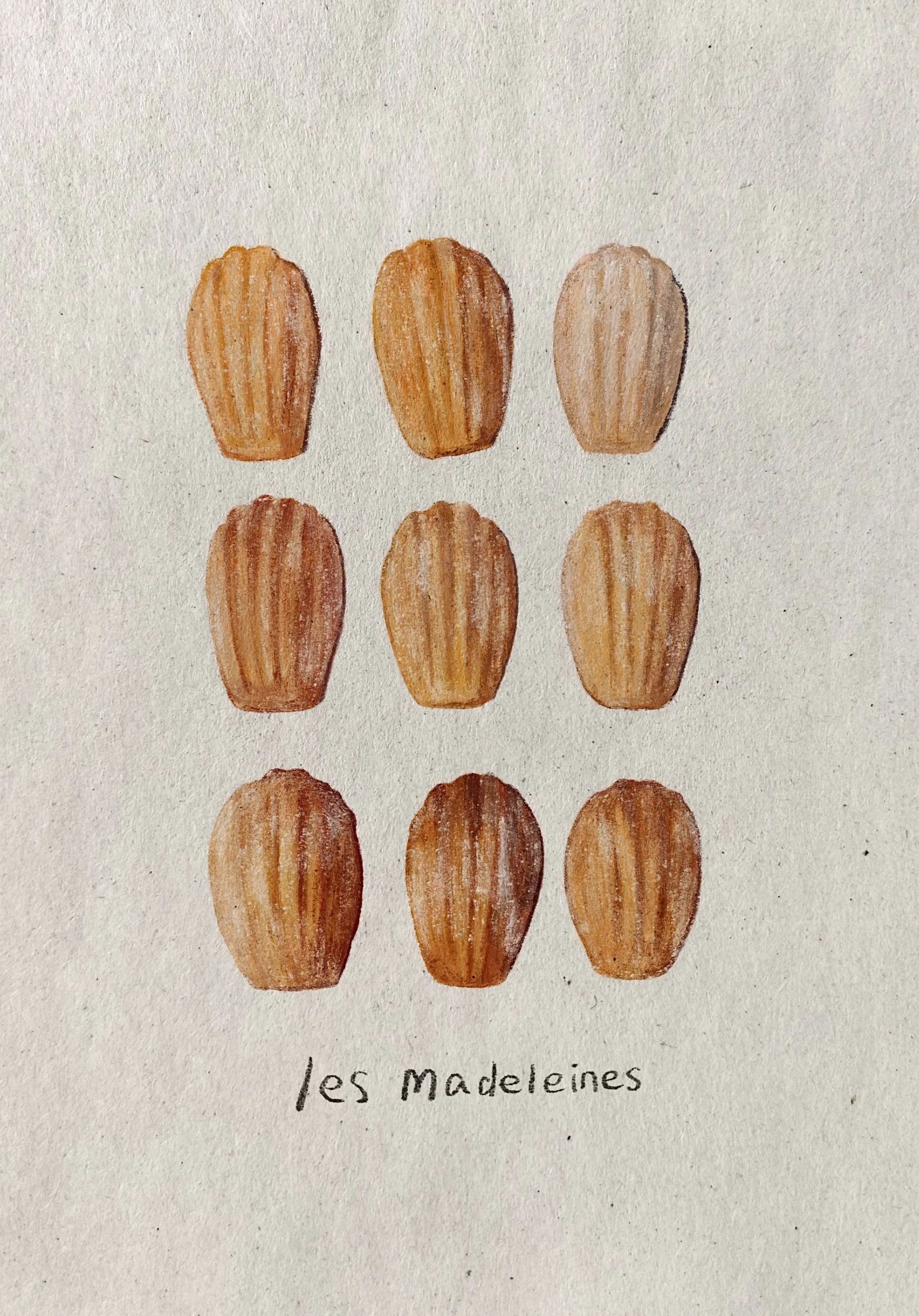 Hand-drawn illustration of six almonds arranged in two rows, with the words 'les madeleines' written below.