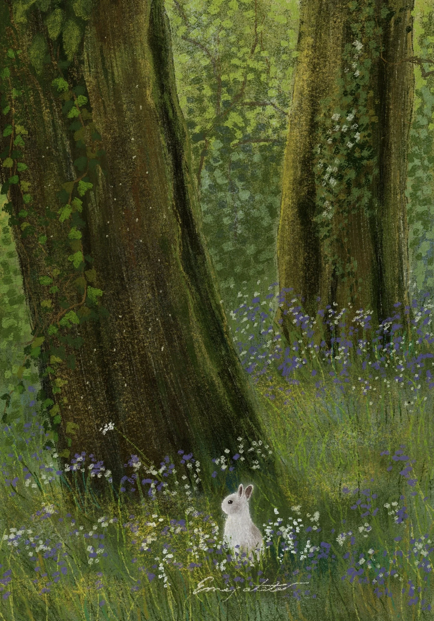 White rabbit sitting among purple and white wildflowers in a lush green forest