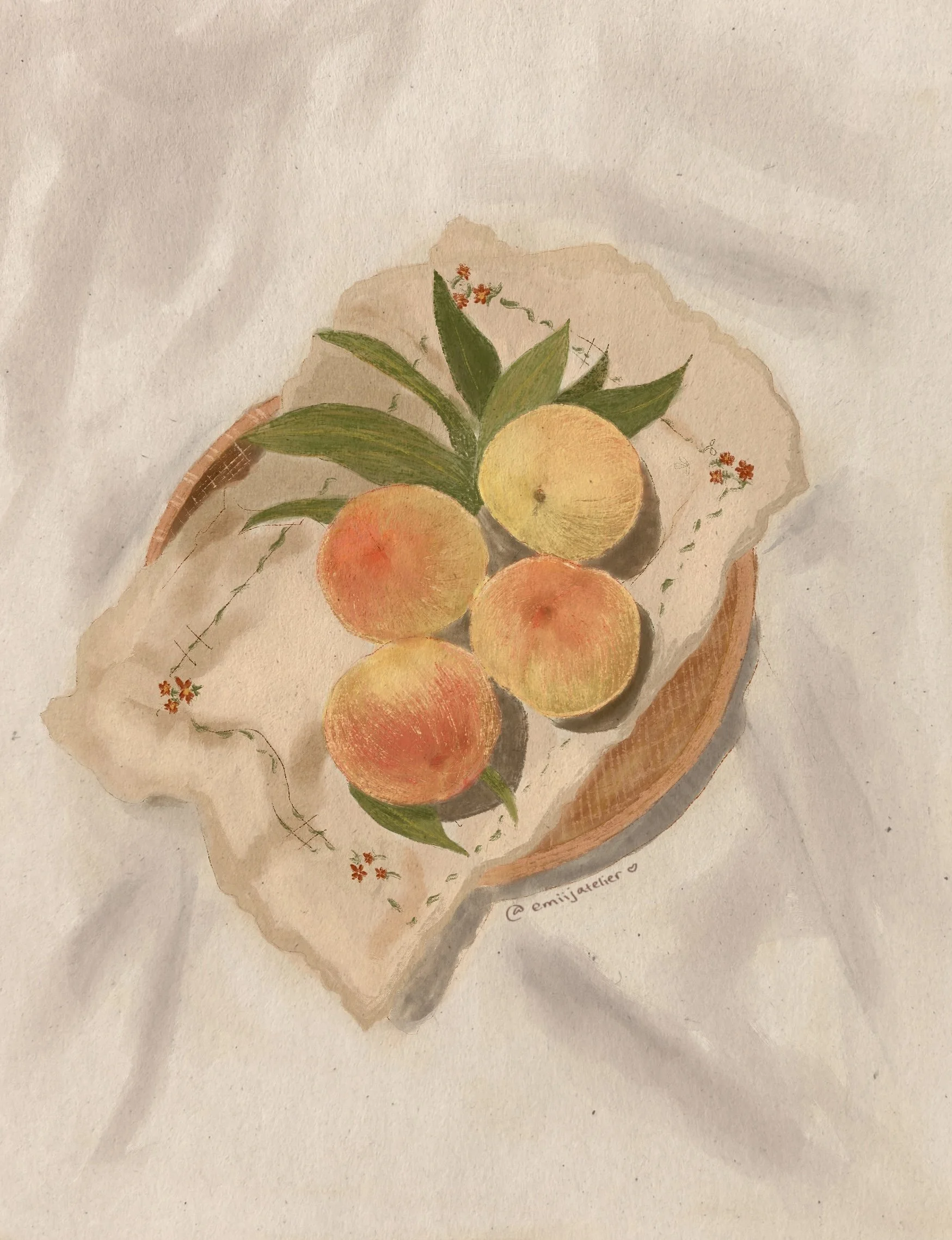 Hand-painted artwork of a fruit basket with peaches, green leaves, and small orange flowers, on a textured beige background.