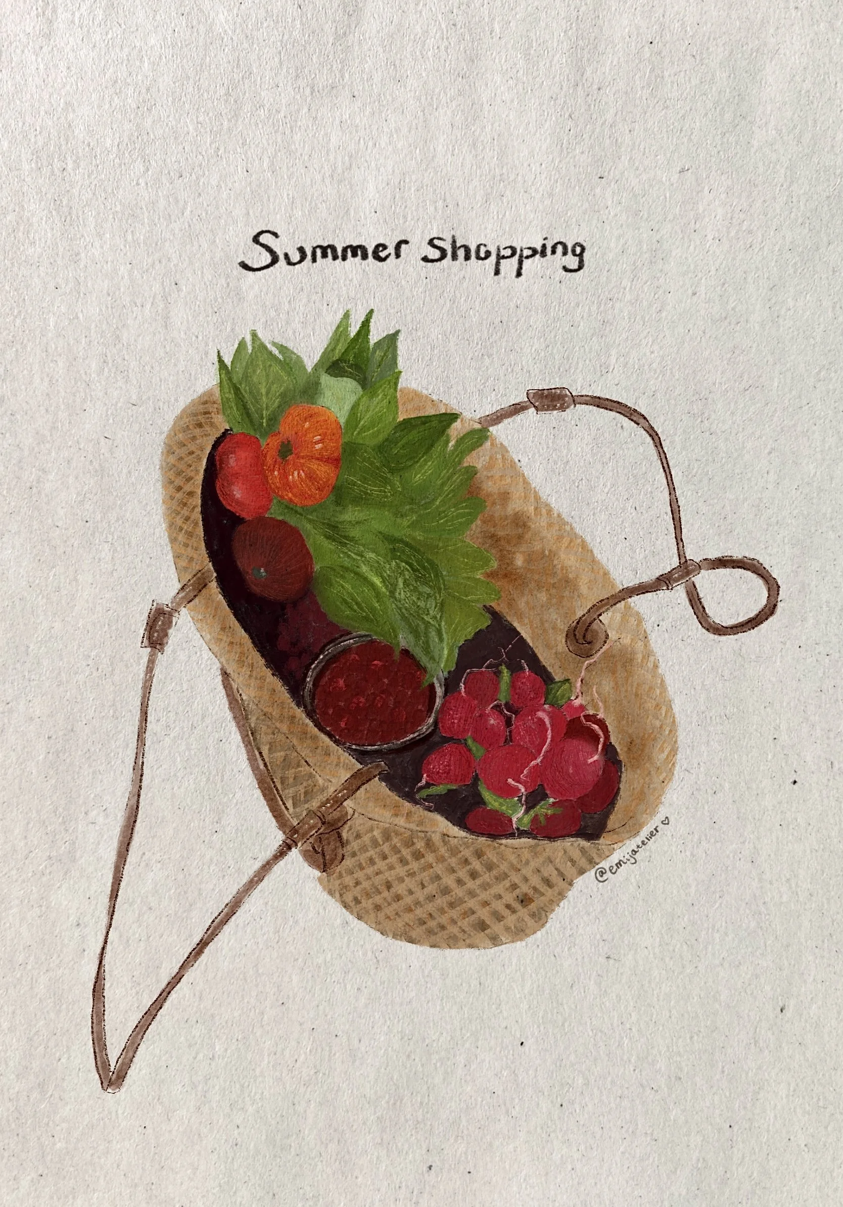 A watercolor painting of berries and green leaves on a baguette slice with the words 'Summer Shopping' written above.