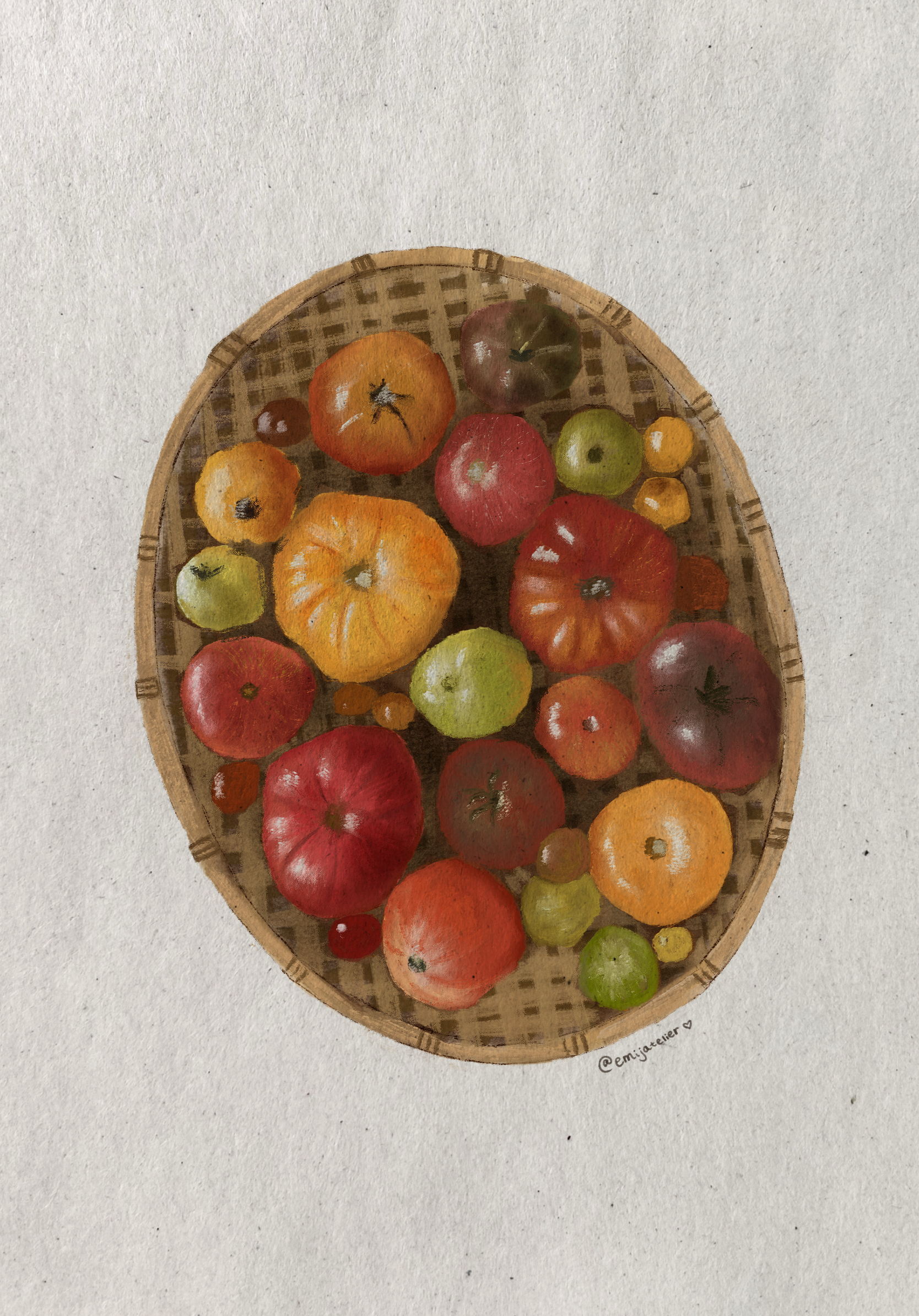 Watercolor painting of various apples and small tomatoes in a round woven basket on a light background with the artist's signature '@emijatelier' at the bottom.
