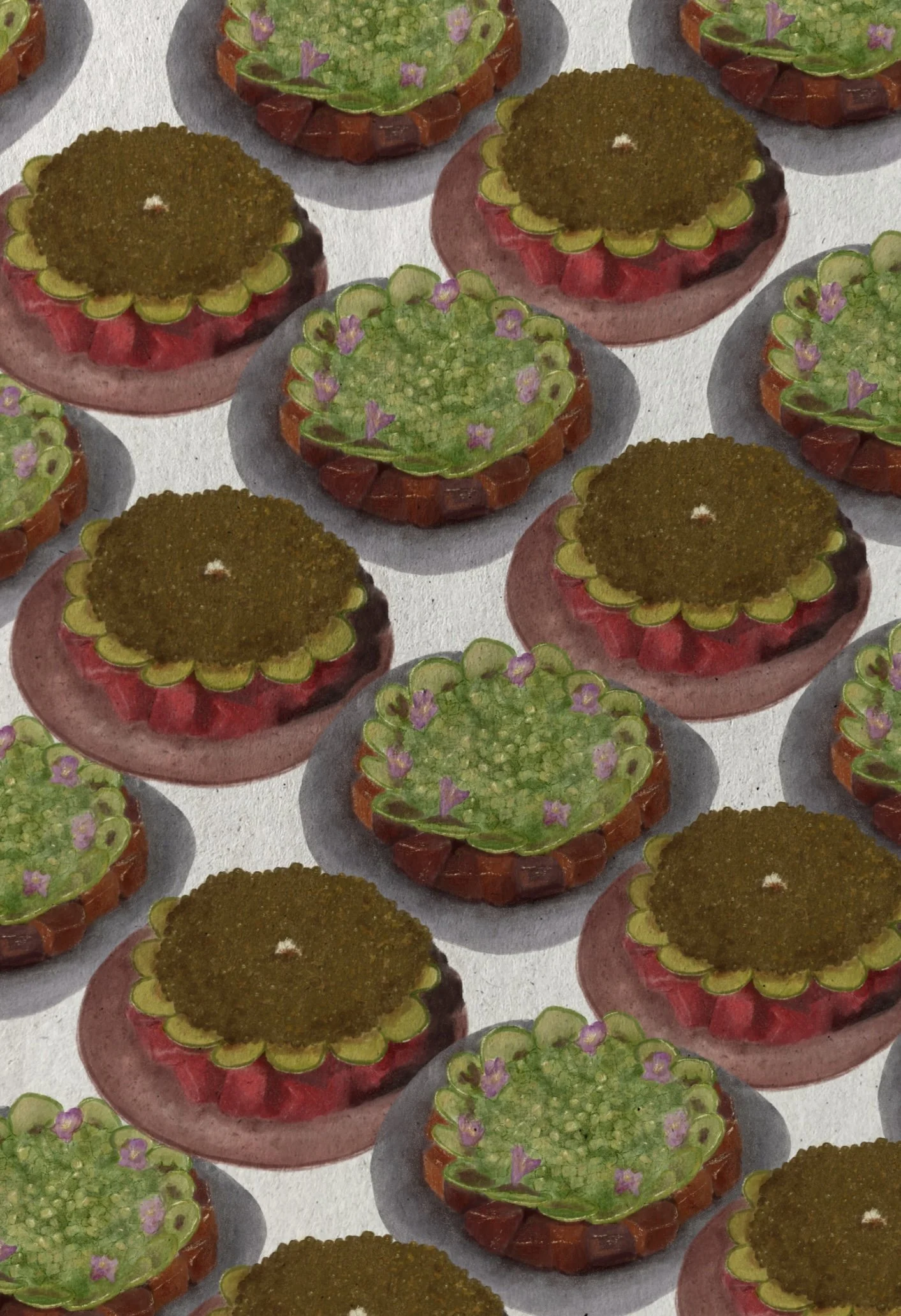 Arranged as a grid of small, decorative floral dishes with a textured base and a green, leafy pattern with purple flowers on top.