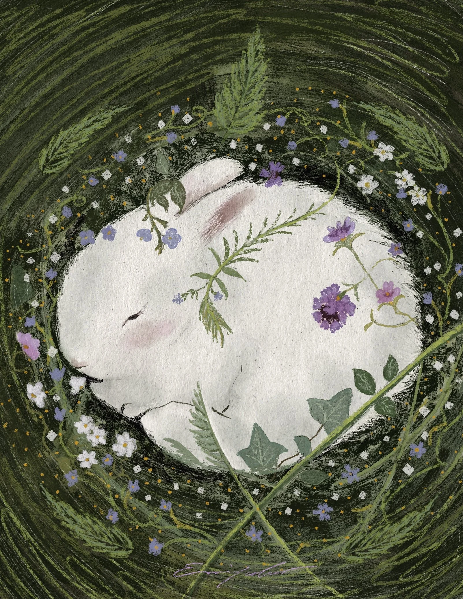 Whimsical watercolor illustration of a sleeping white rabbit surrounded by colorful wildflowers and greenery