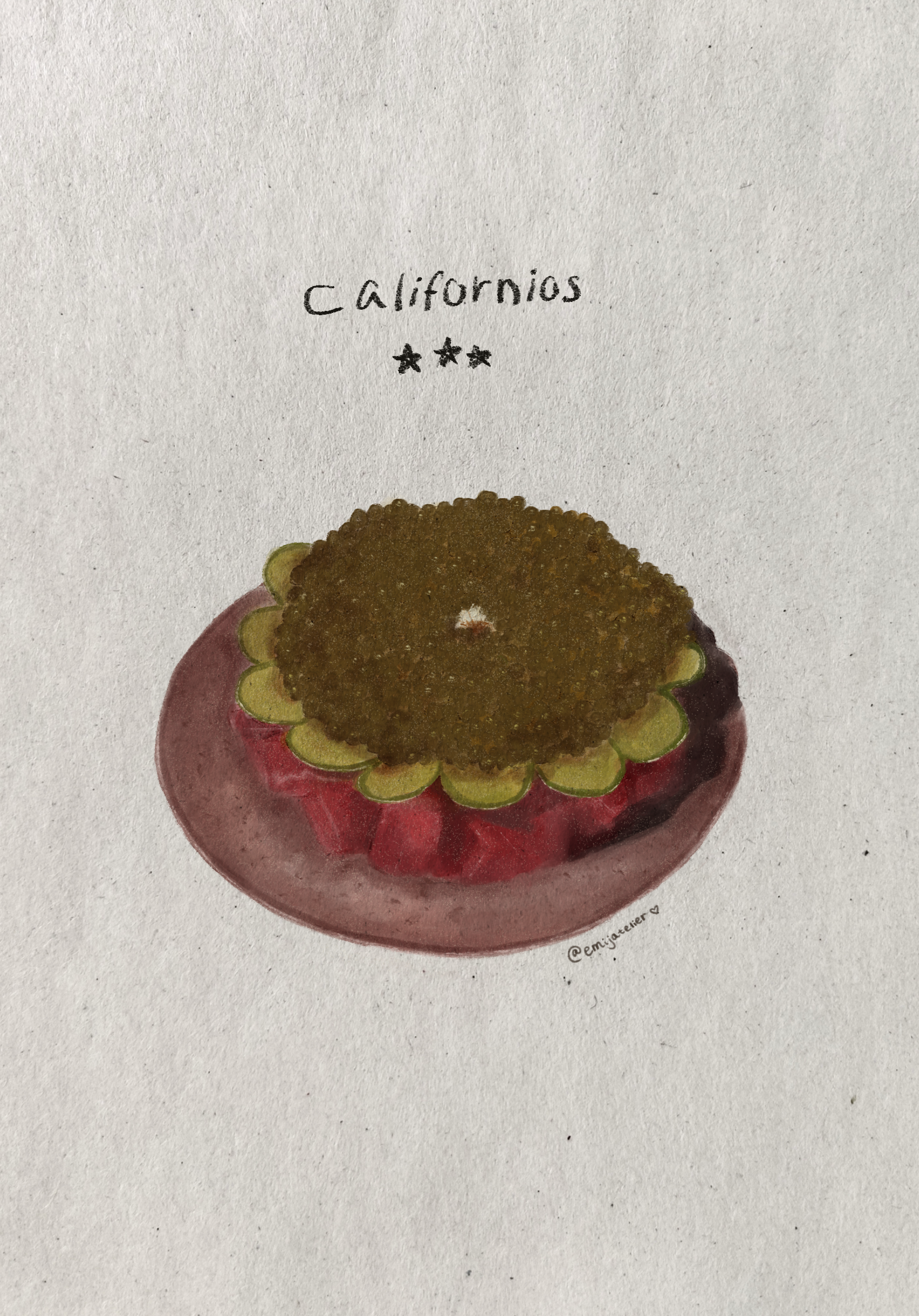 Hand-drawn illustration of a halved passion fruit with bright yellow seeds and deep purple skin, titled 'California' with three stars above the fruit.