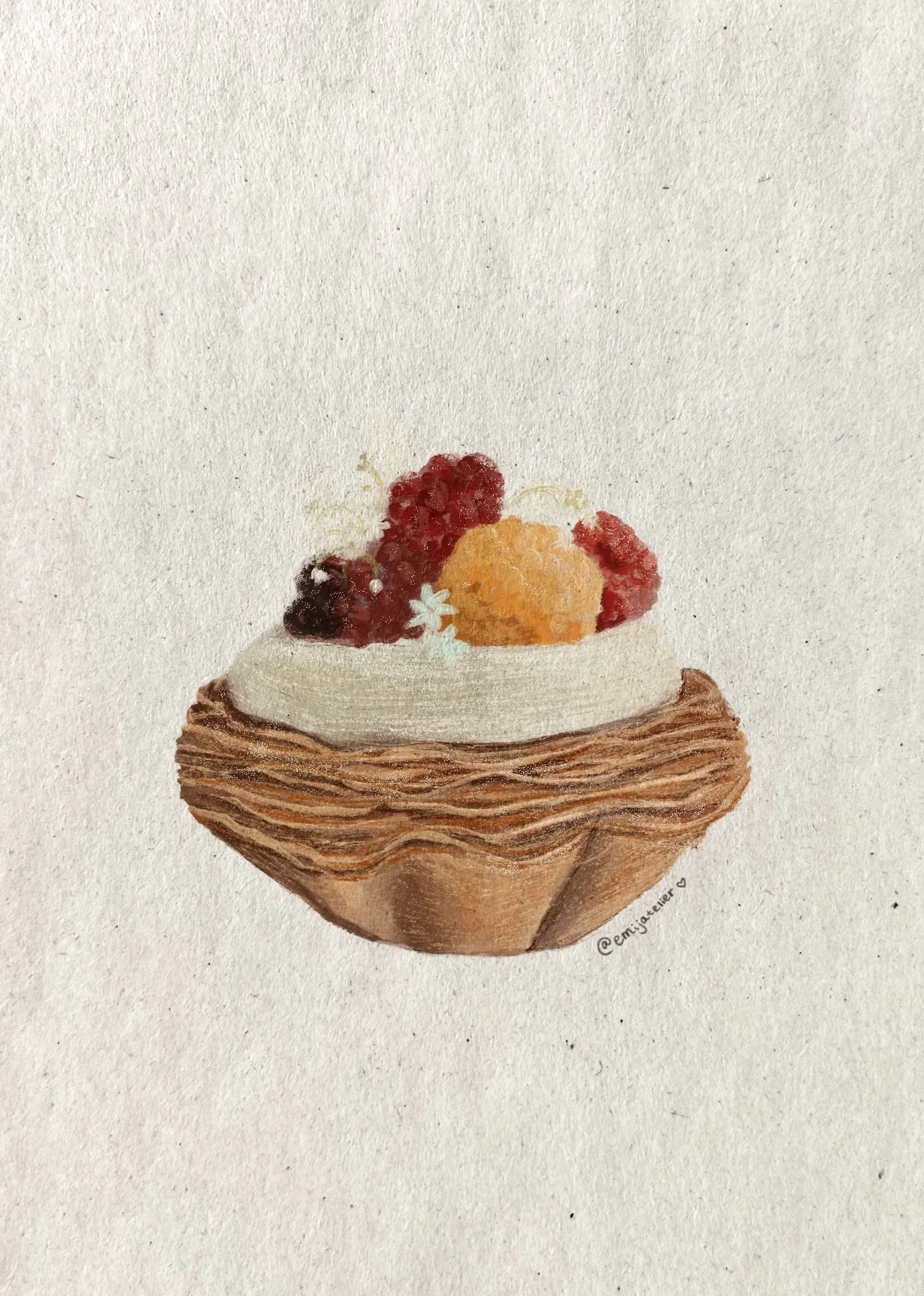 A realistic painting of a dessert bowl filled with whipped cream, topped with various red and black berries, and placed in a woven basket. The artist's signature is visible at the bottom right corner.