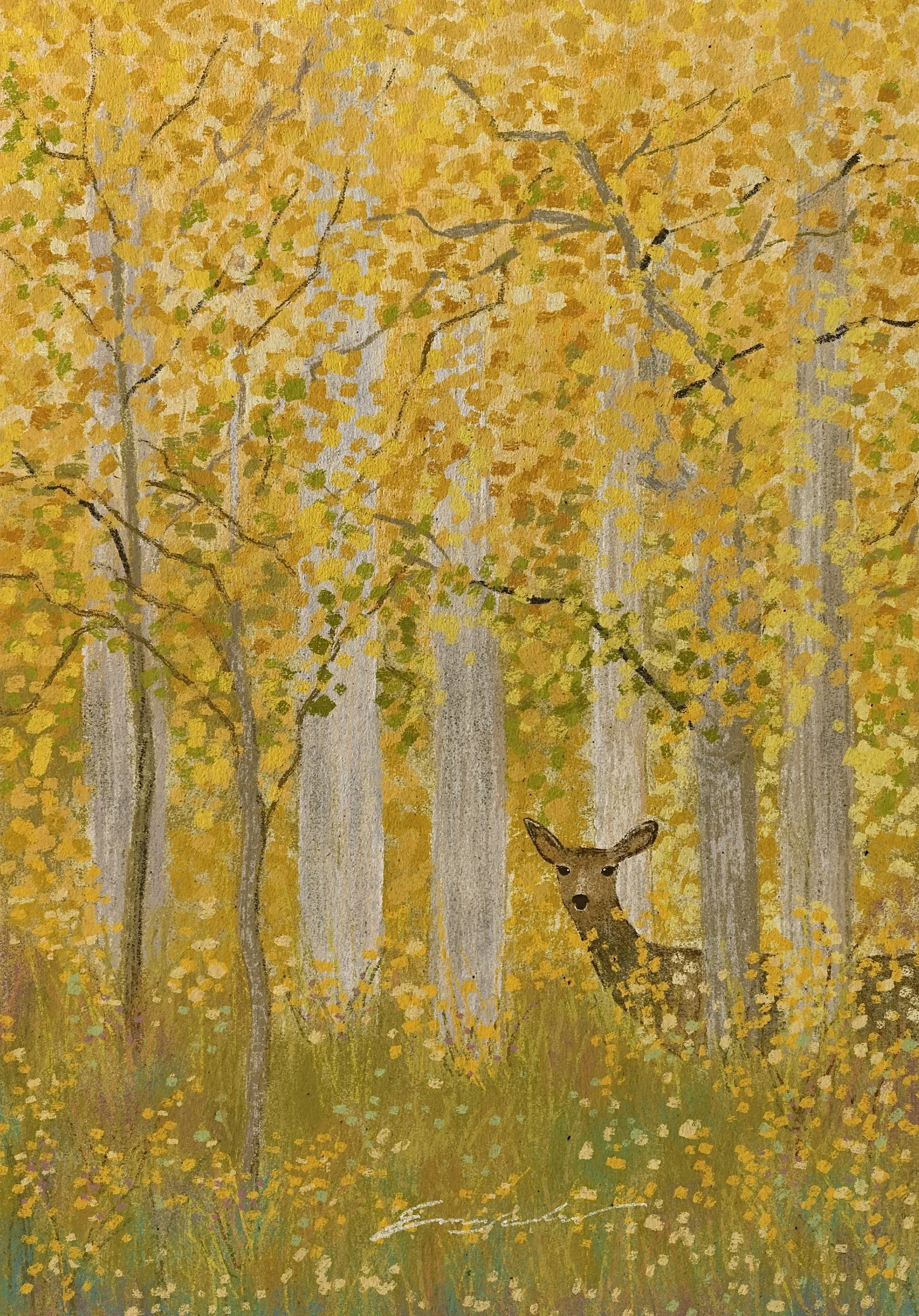 Artistic painting of a deer standing in a golden autumn forest with colorful wildflowers