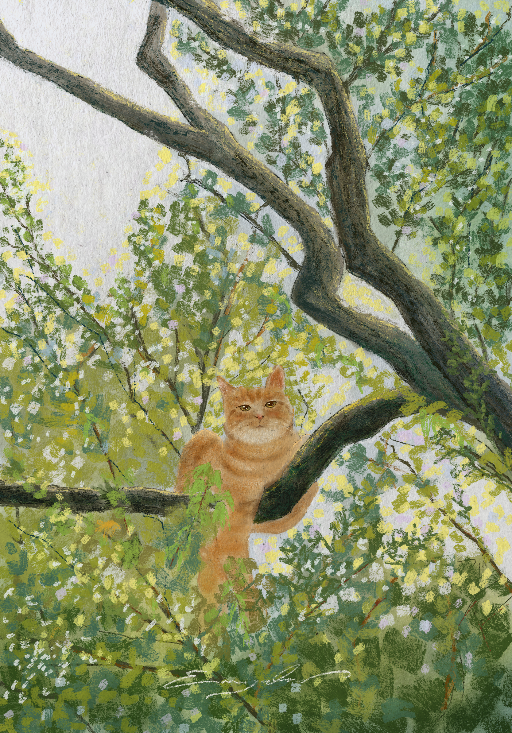 Illustrated orange cat perched on a tree branch among lush green foliage and yellow blossoms