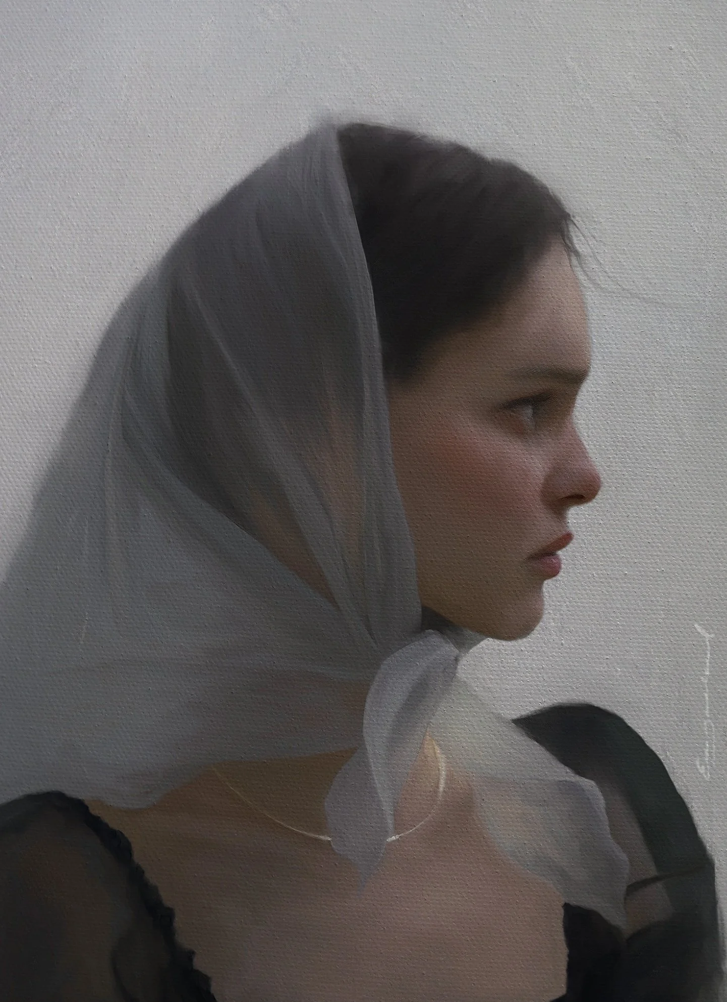 Profile painting of a woman wearing a sheer headscarf and black clothing against a neutral background.