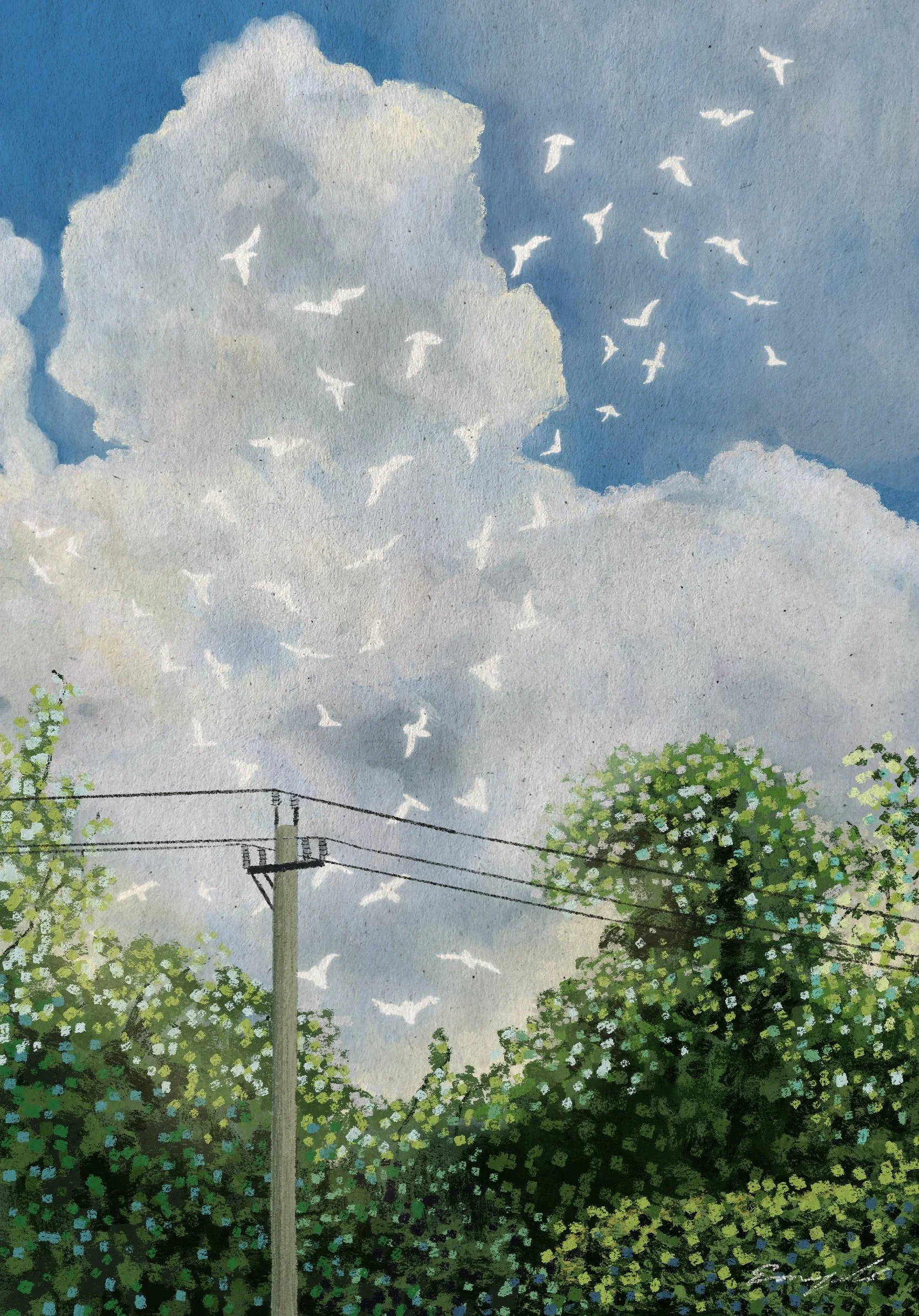 Watercolor-style illustration of white birds flying over leafy trees, a utility pole, power lines, and clouds against a blue sky