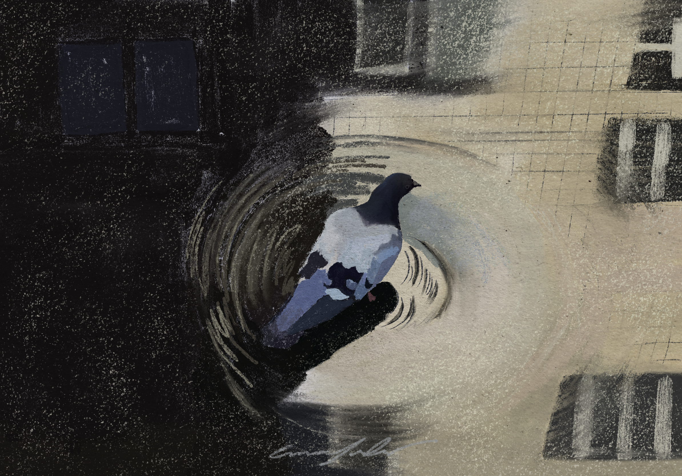 Stylized pigeon perched on a ledge against a textured urban background