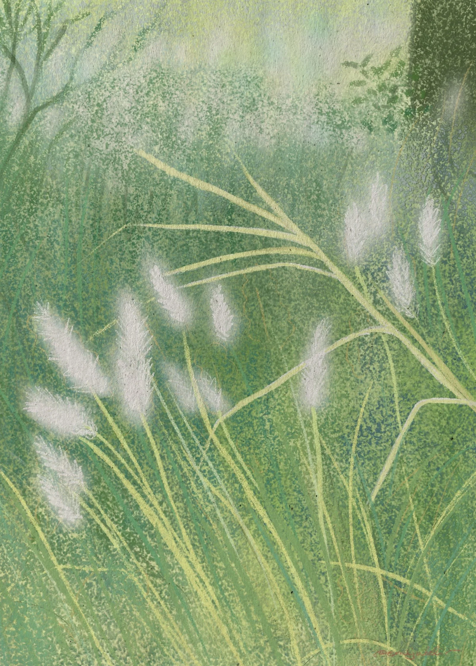 Abstract green botanical illustration with long yellow-green grass blades and textured foliage