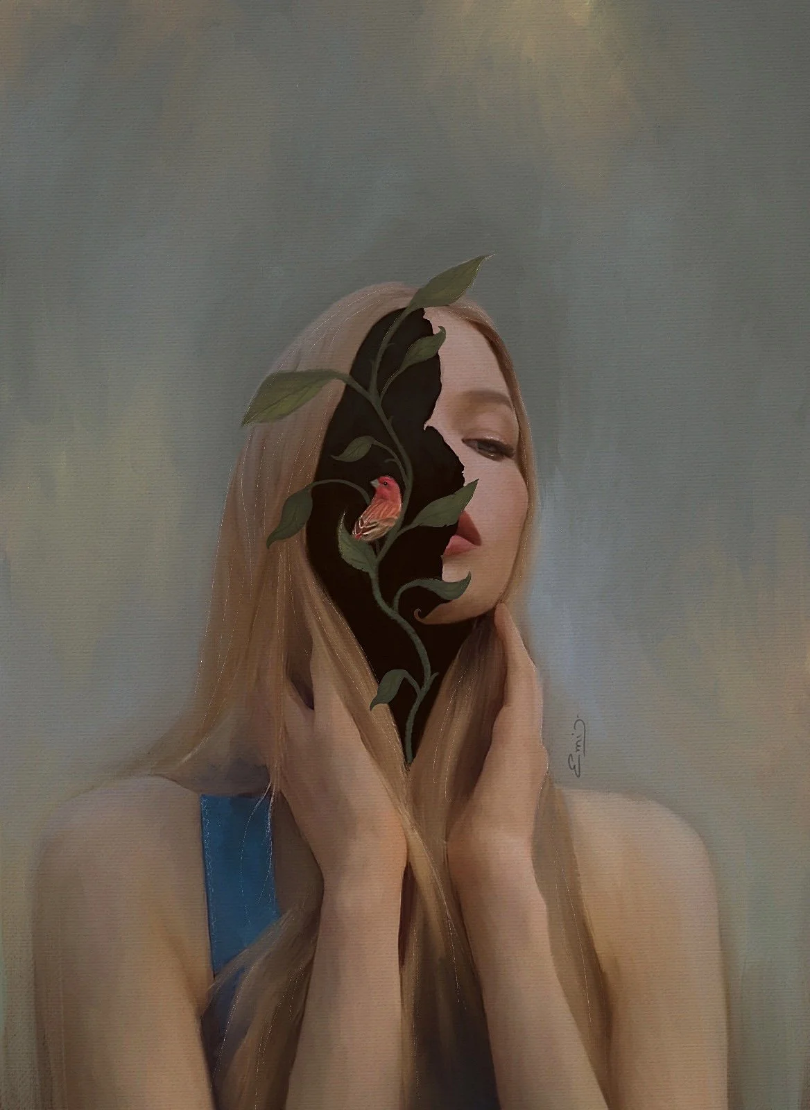 Artistic portrait of a woman with a partially obscured face by black foliage and a bird, blending surreal and natural elements.