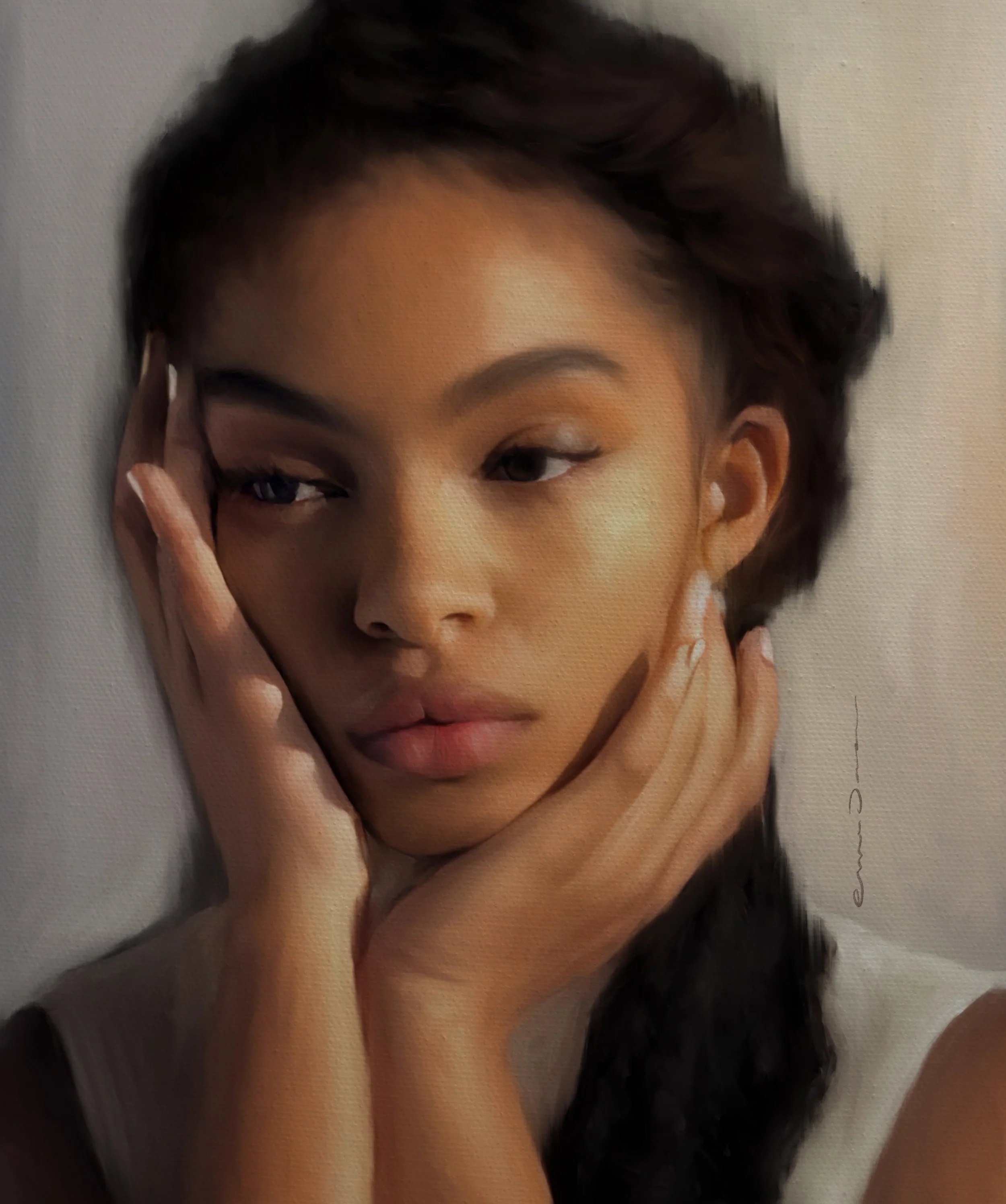 Portrait painting of a contemplative young woman with hands on face