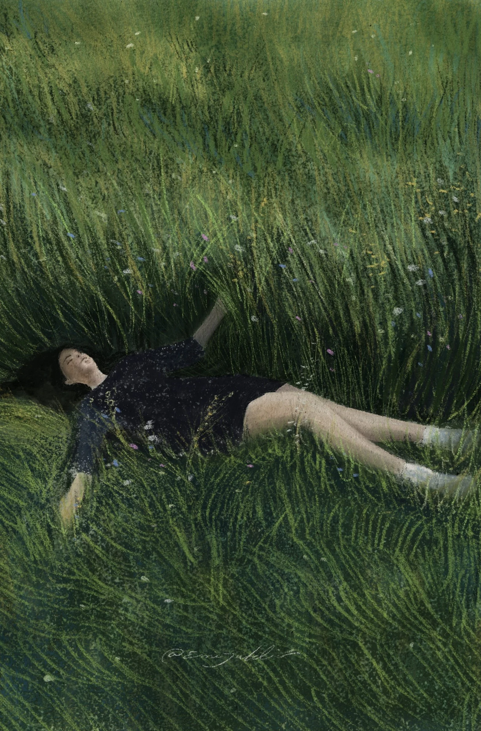 A person lying in a lush green meadow, viewed from above, she is sleeping peacefully.