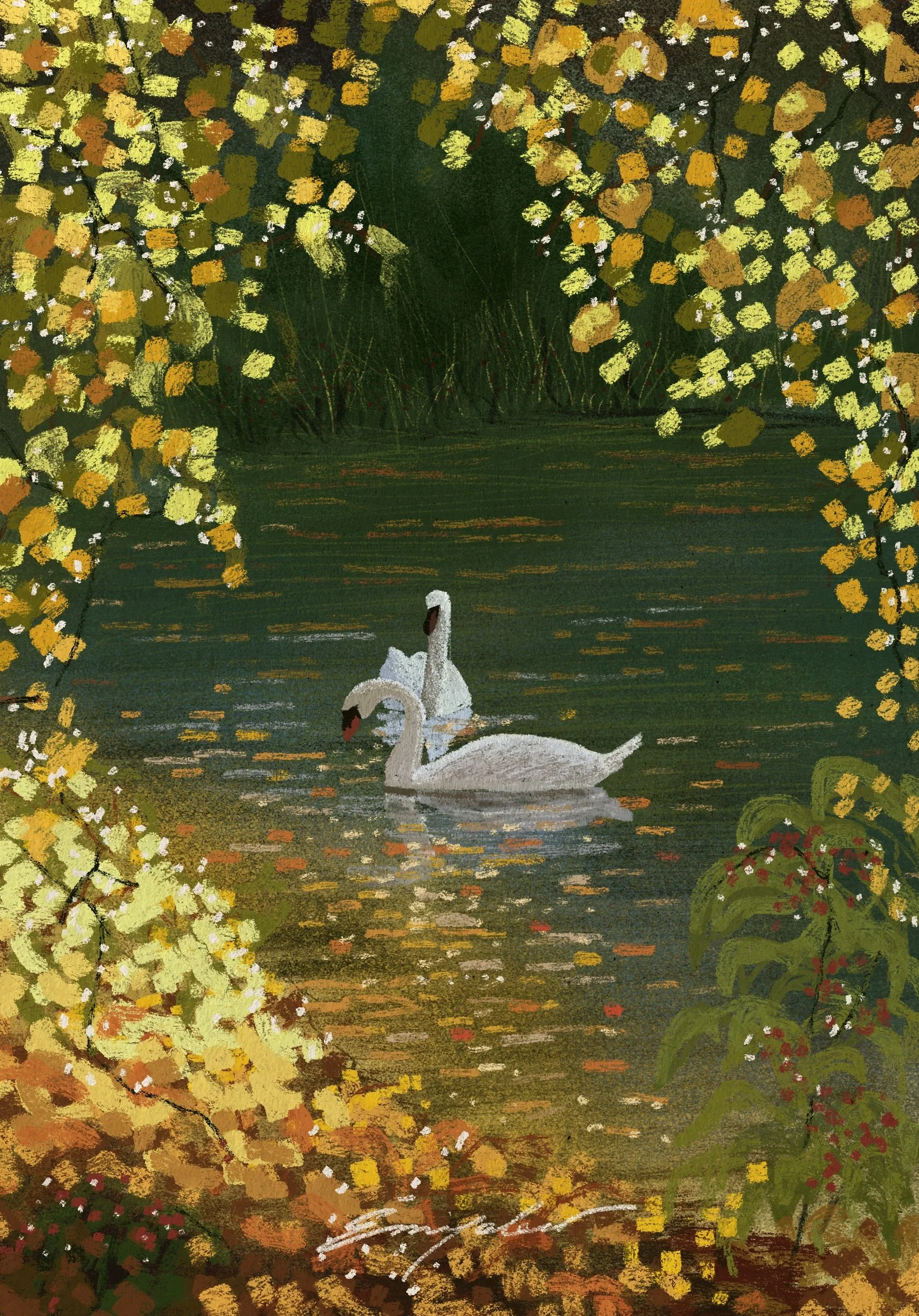 Impressionist painting of two white swans gliding on a pond surrounded by colorful autumn foliage.