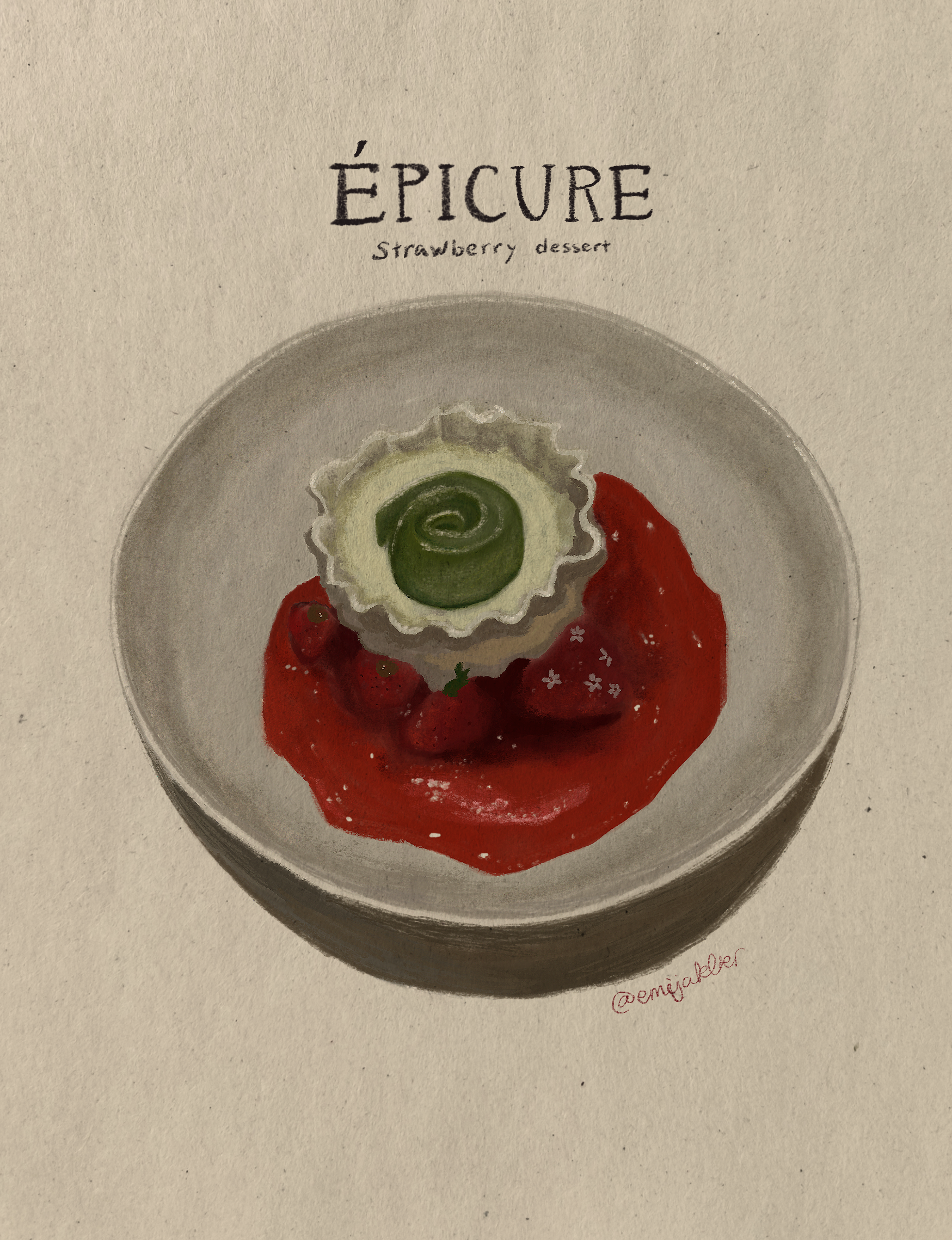 A watercolor painting of a strawberry dessert with a green and cream swirl topping on a silver plate. The background is a textured off-white. Text at the top reads 'ÉPICURE' with 'Strawberry dessert' underneath.
