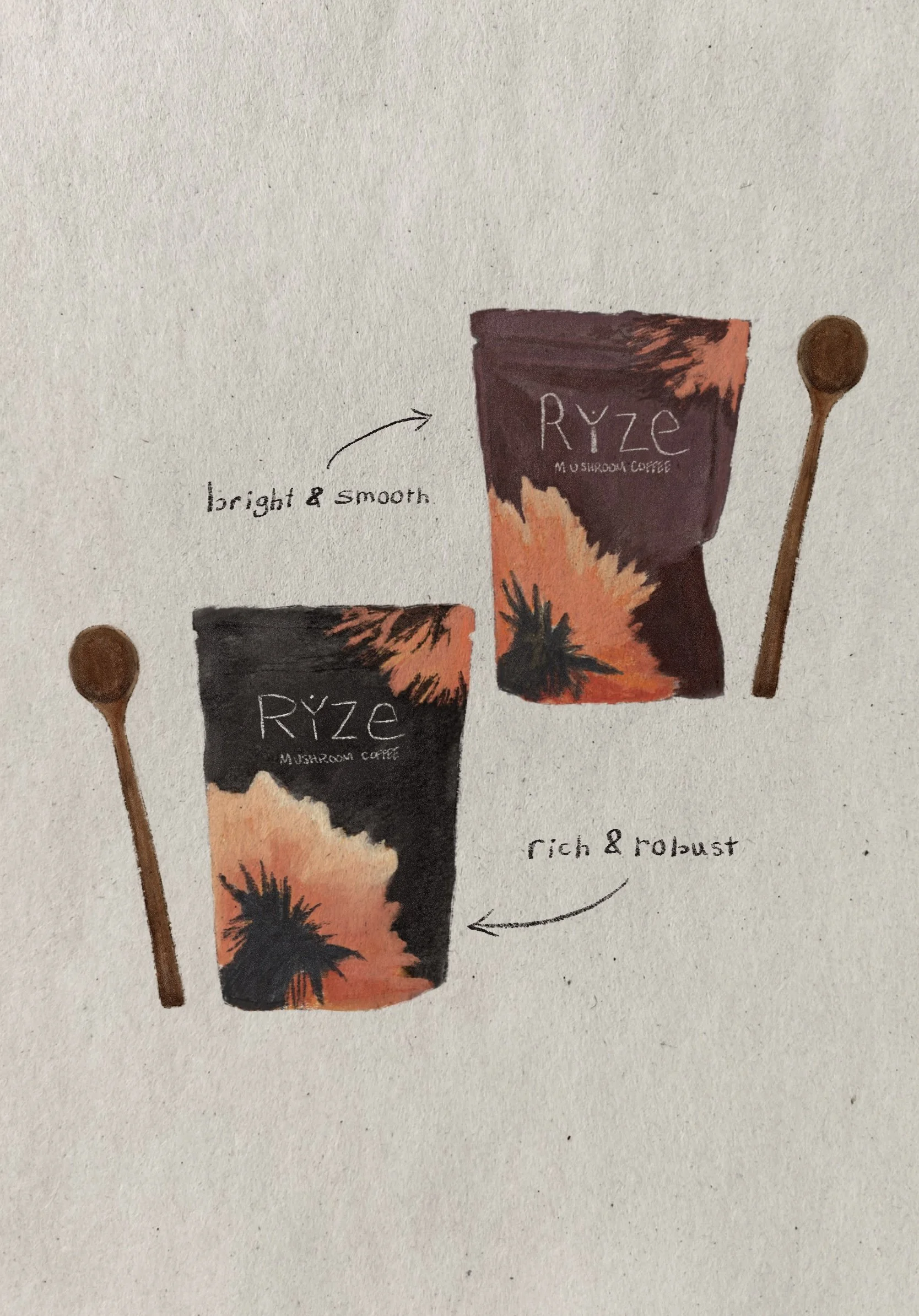 Illustration of two packets of rice labeled 'RYZE', one with a dark background and one with a colorful design, accompanied by two small wooden spoons.