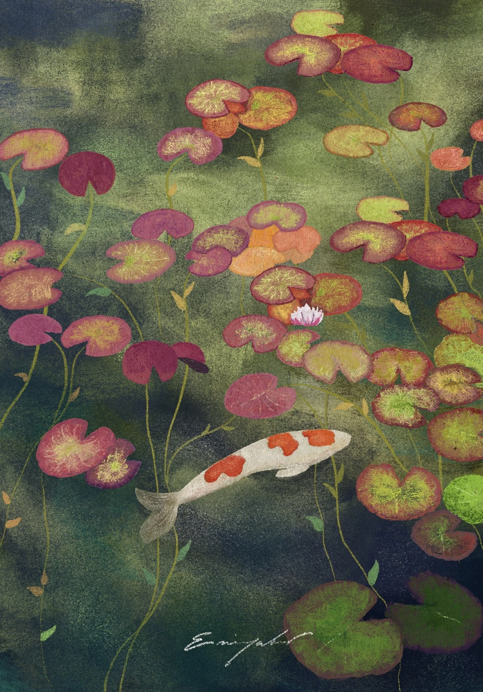 Colorful artistic pond scene with lily pads, water lilies, and a white-and-orange koi fish
