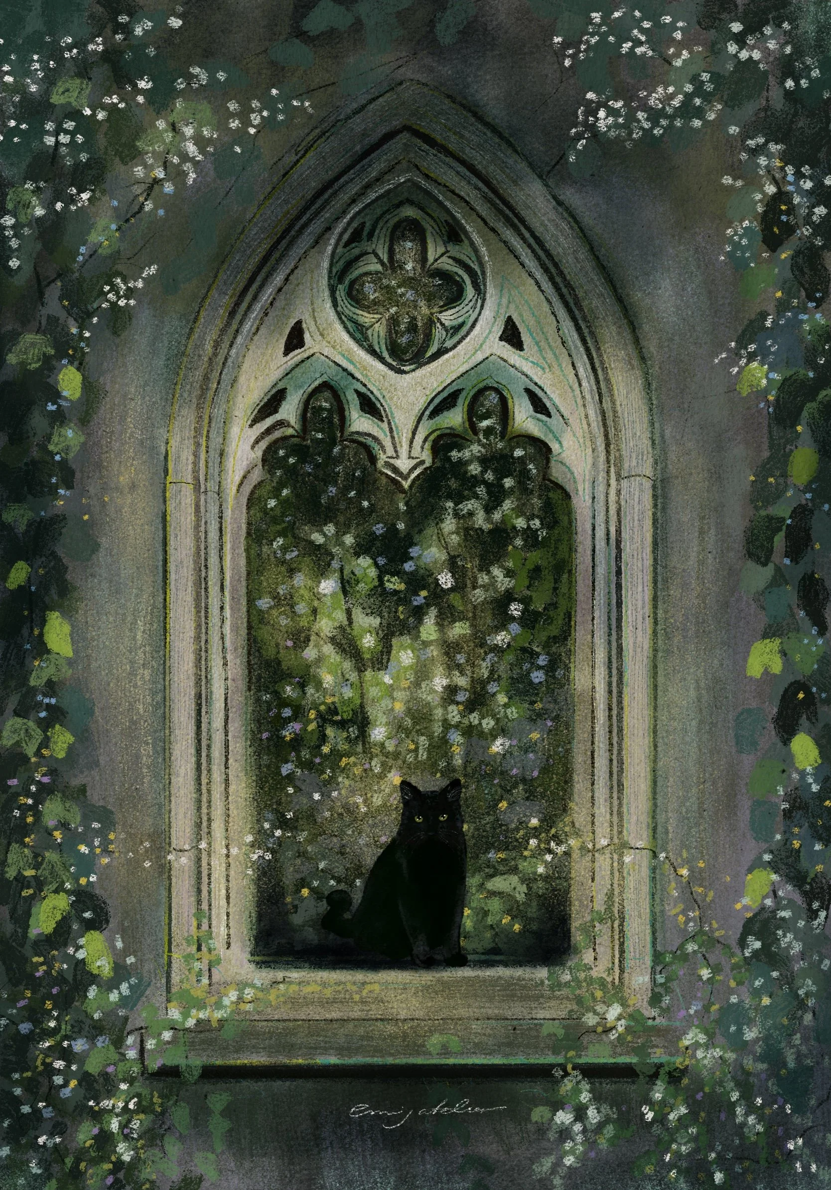 Black cat sitting inside an ornate Gothic arched window surrounded by lush flowers and greenery