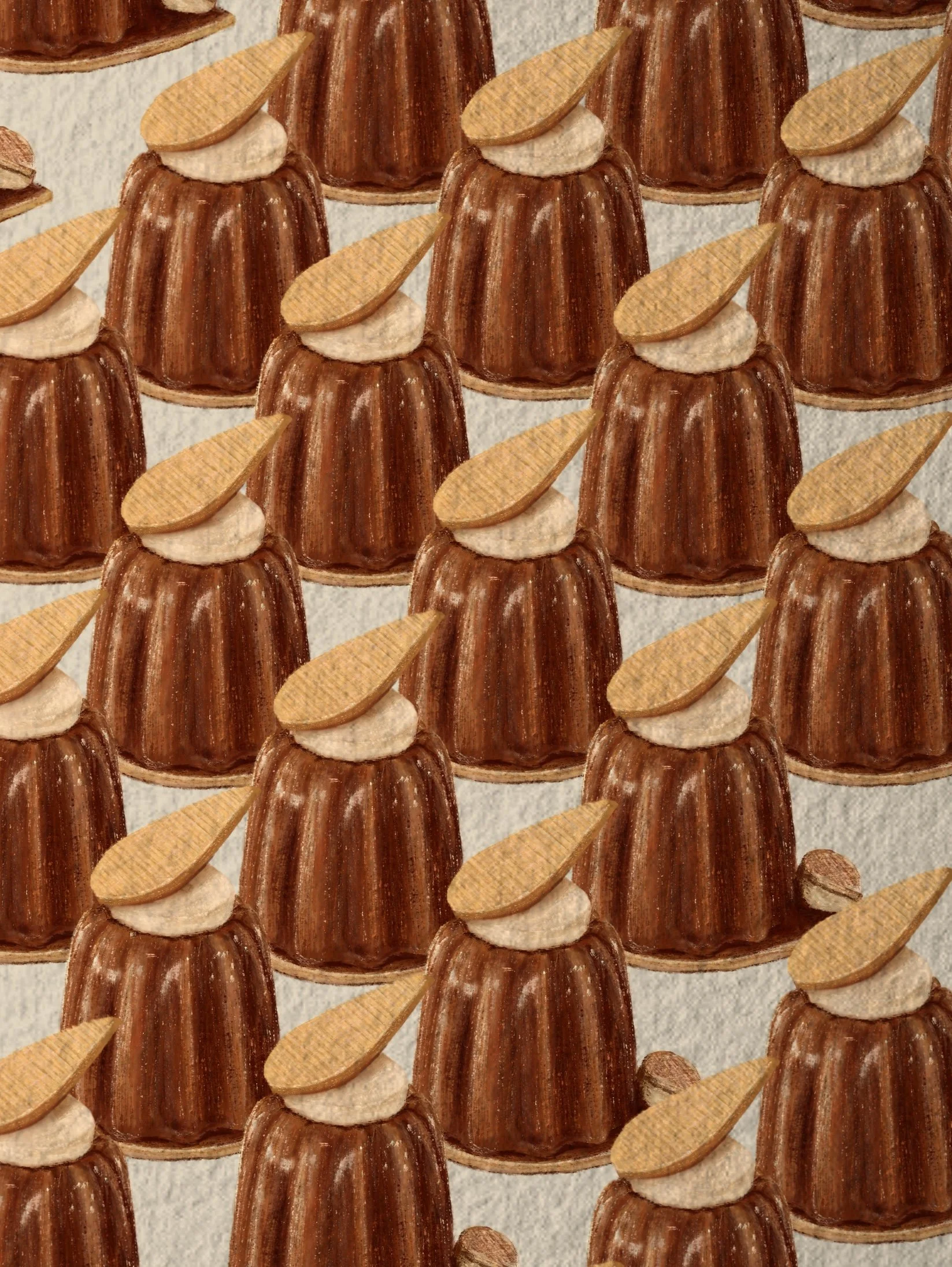 Multiple chocolate bundt cakes decorated with almond slices and dollops of cream, arranged on a neutral surface.