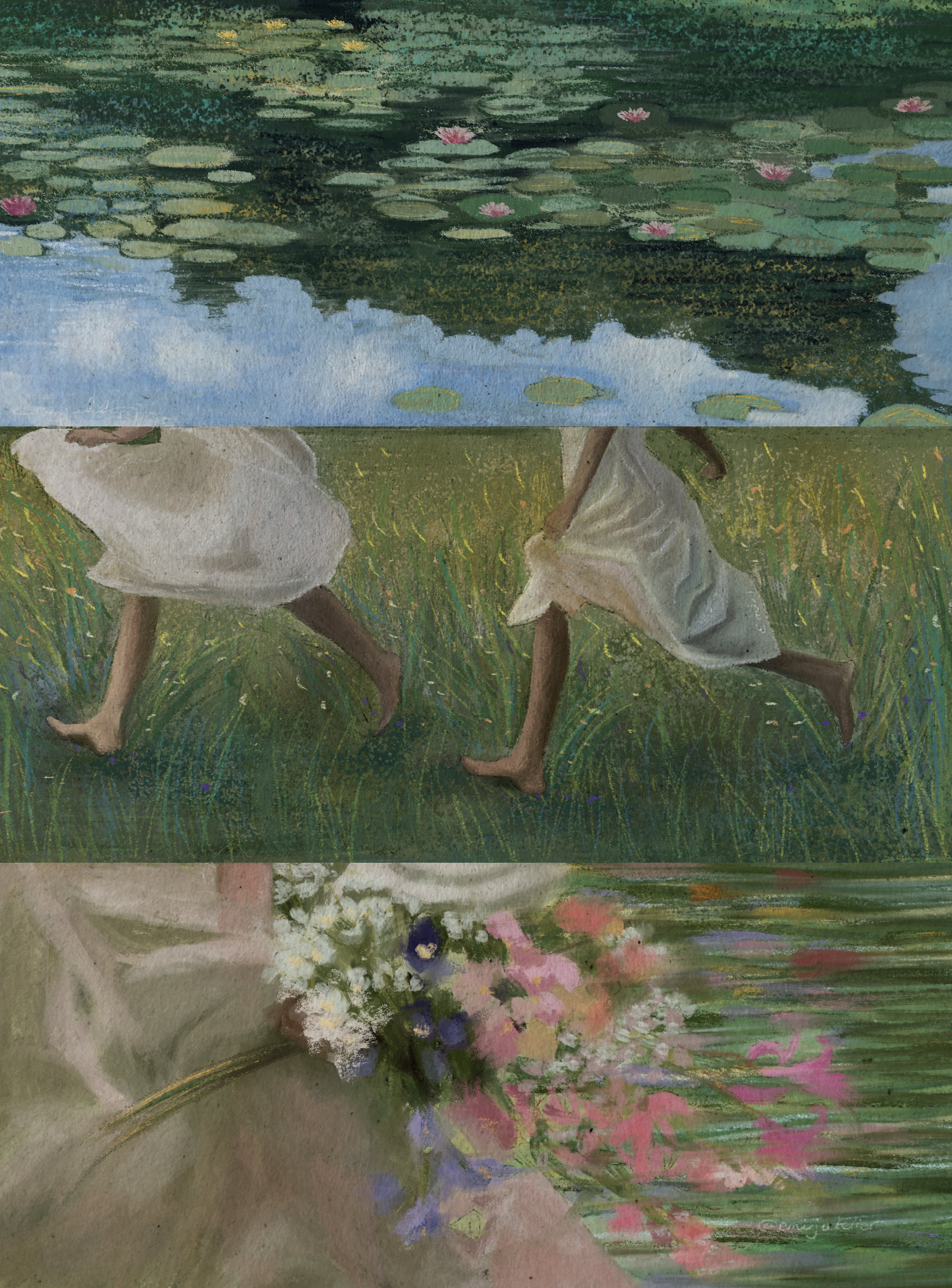 Impressionist painting of two women in white dresses walking beside a pond filled with lily pads and water lilies, with a bouquet of colorful flowers in the foreground