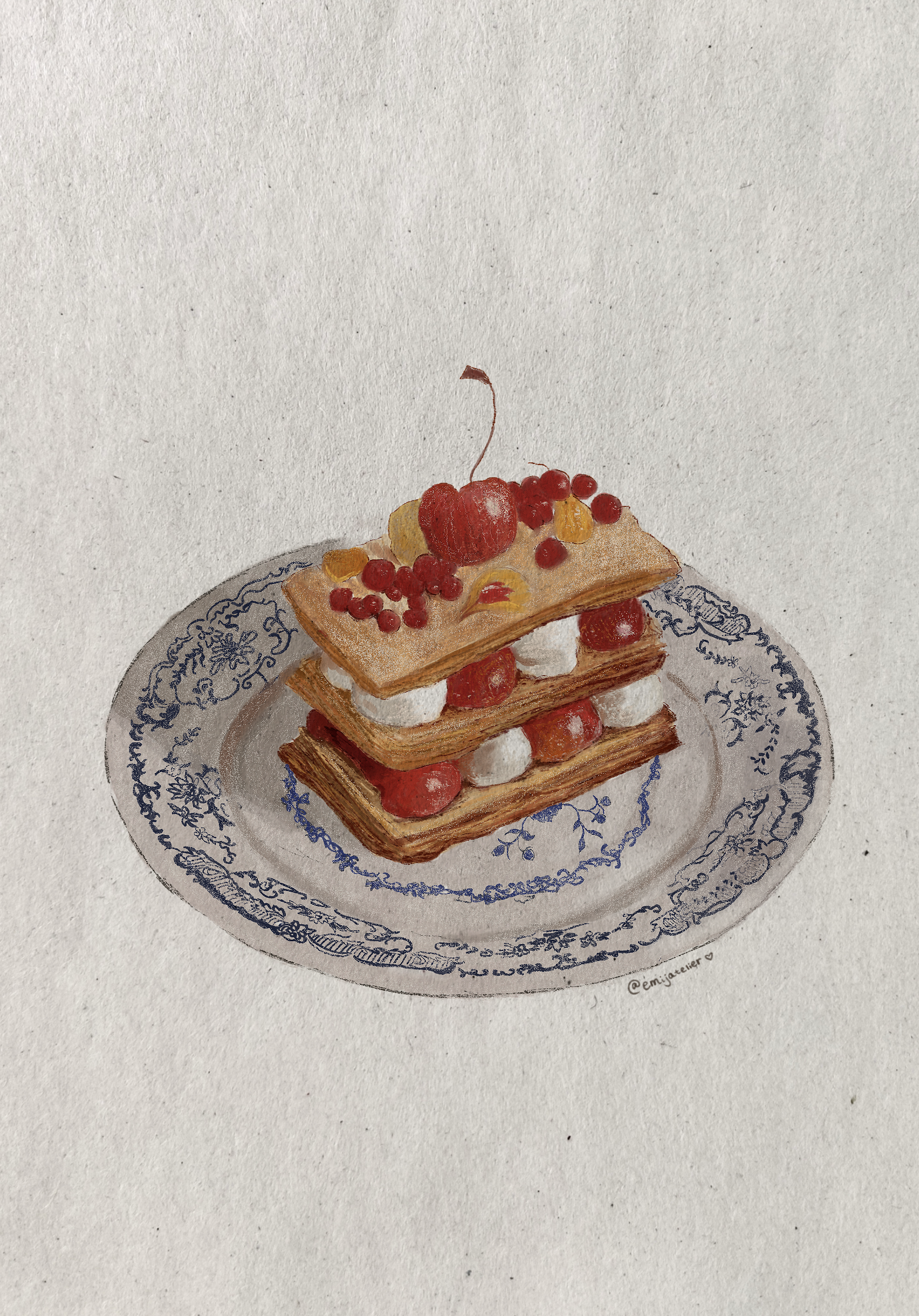 Watercolor painting of layered pastry with cream and red berries on a decorative blue and white plate.