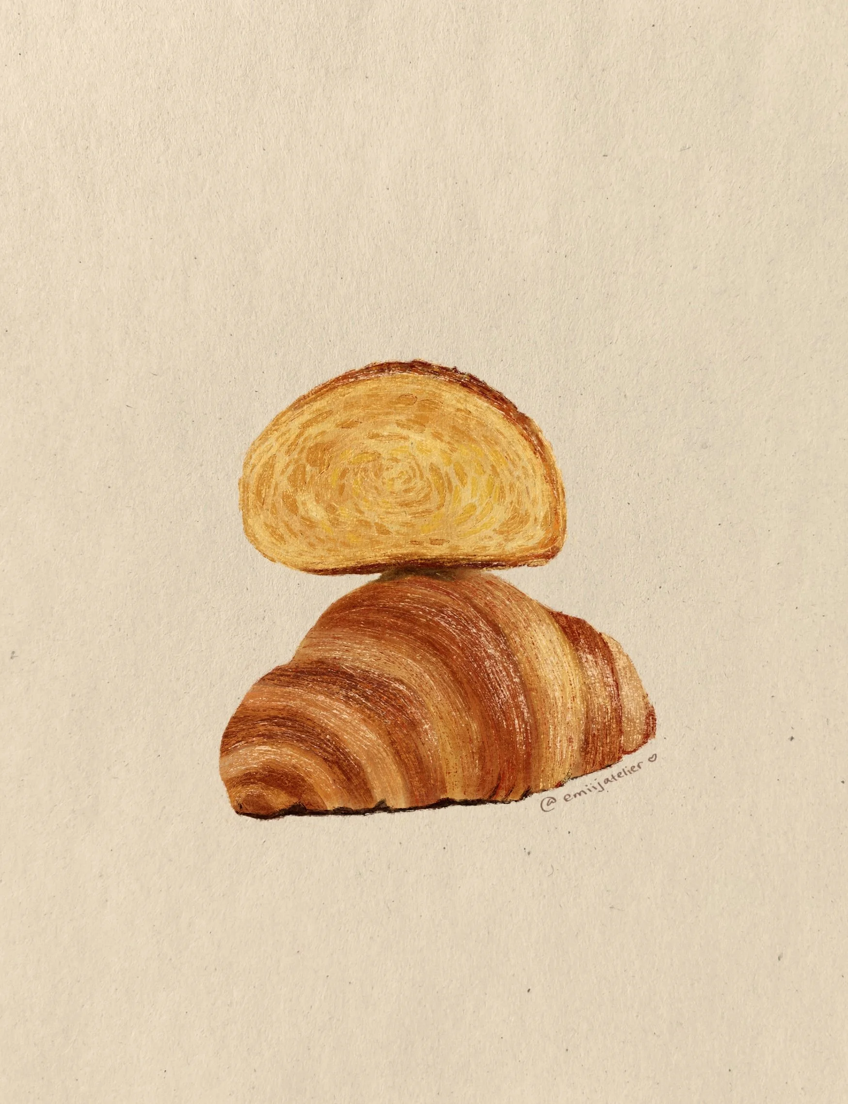 Drawing of a croissant and a bread roll on a white background, signed @emijatelier.