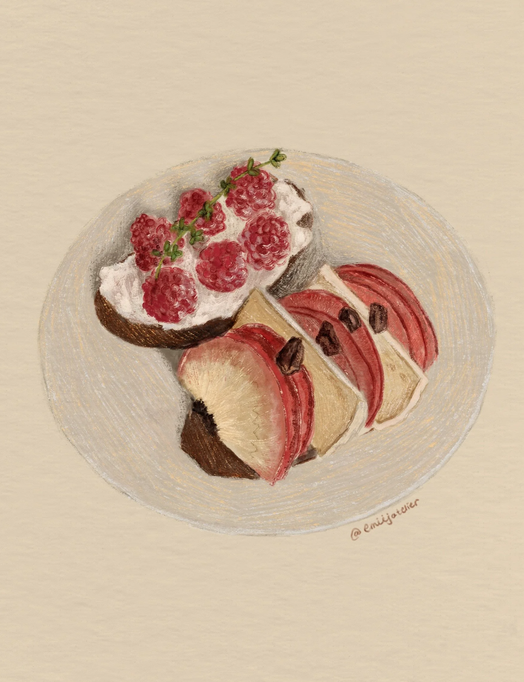 A plate with slices of watermelon and a slice of cake topped with whipped cream, raspberries, and a sprig of fresh herbs.
