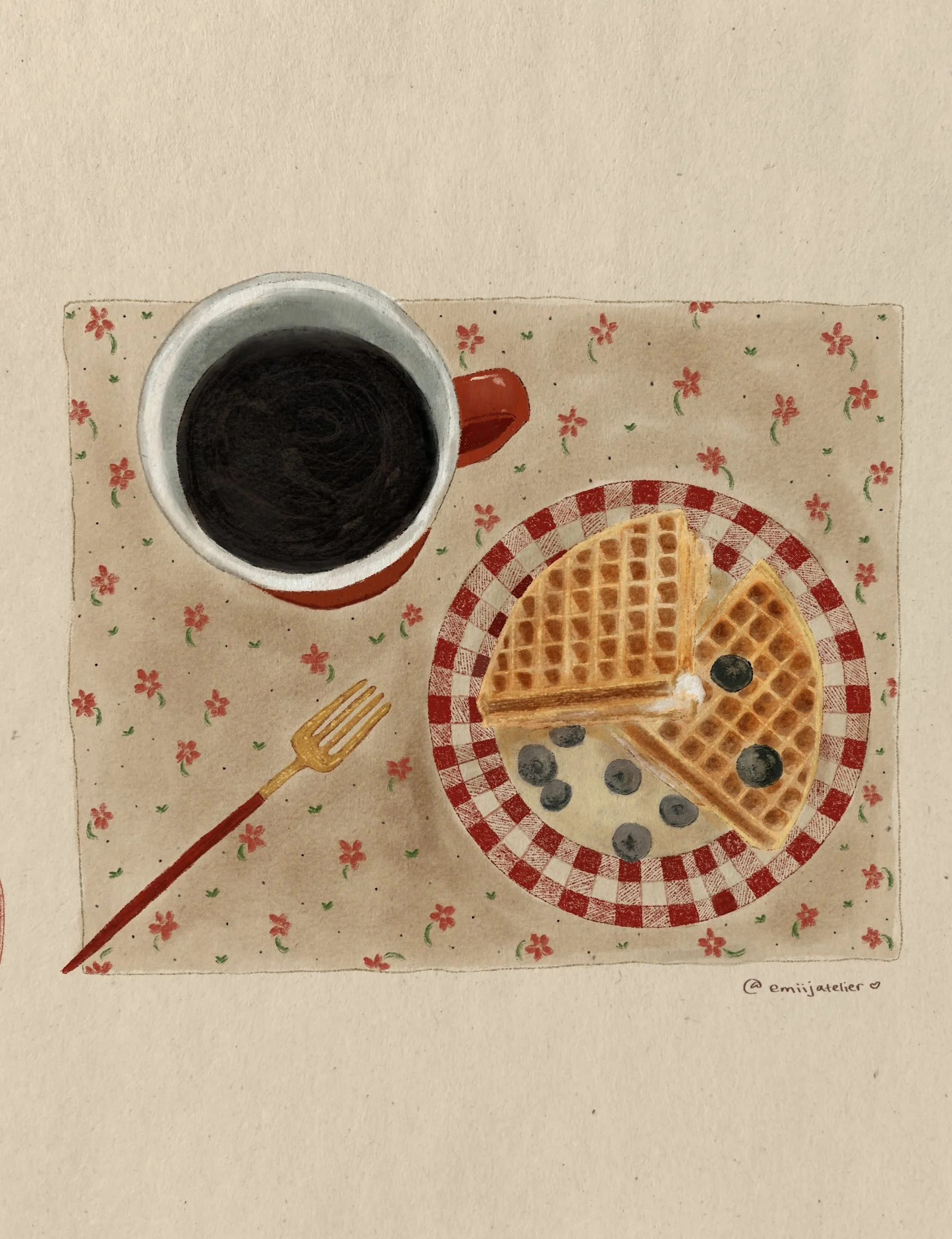 A top-down watercolor painting of a breakfast scene featuring a cup of black coffee in a red mug, a plate with waffles topped with blueberries, a red and white checked napkin, and a gold fork. The scene is set on a beige background with small red flo
