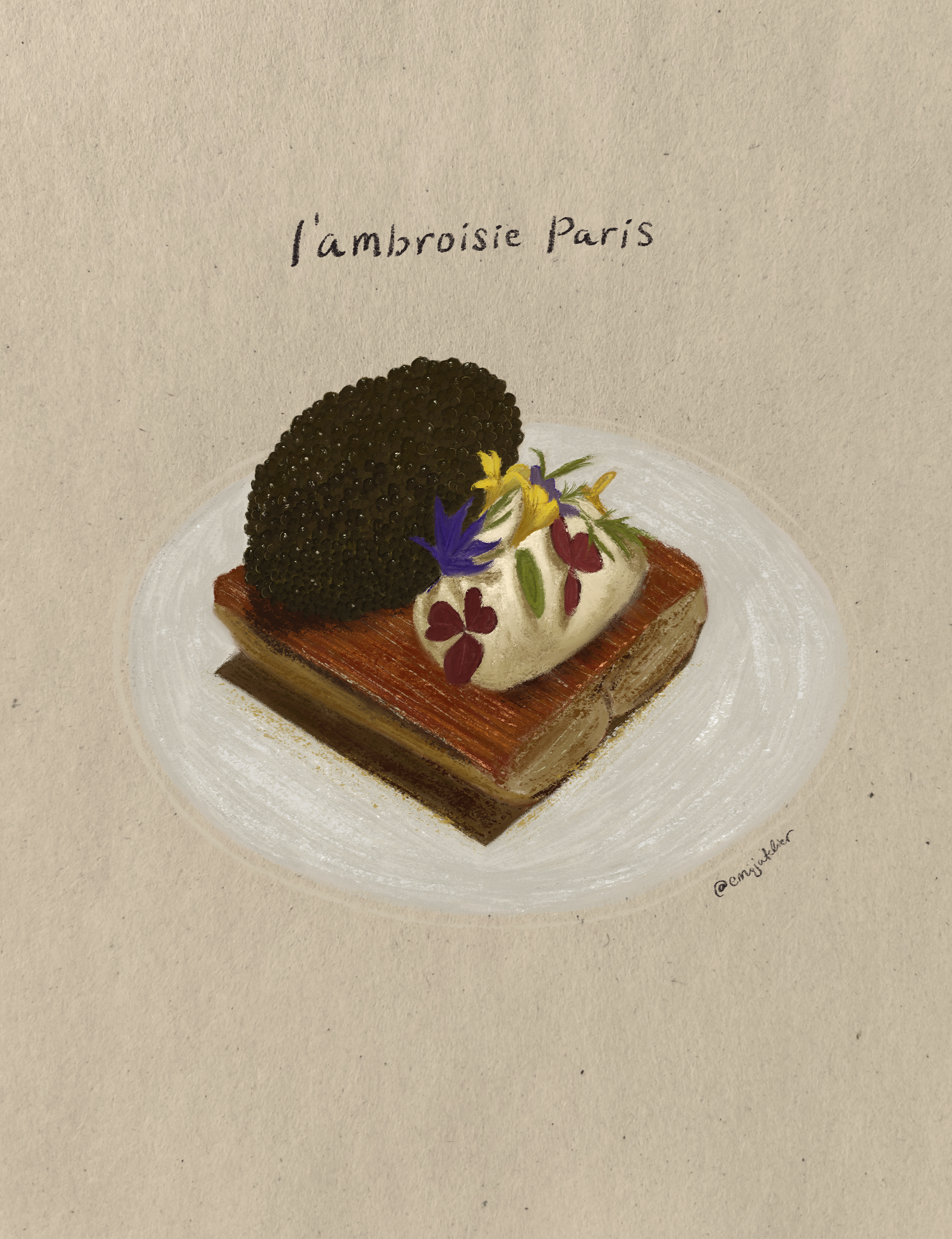 A painting of a dessert topped with black caviar, garnished with edible flowers, served on a white plate.