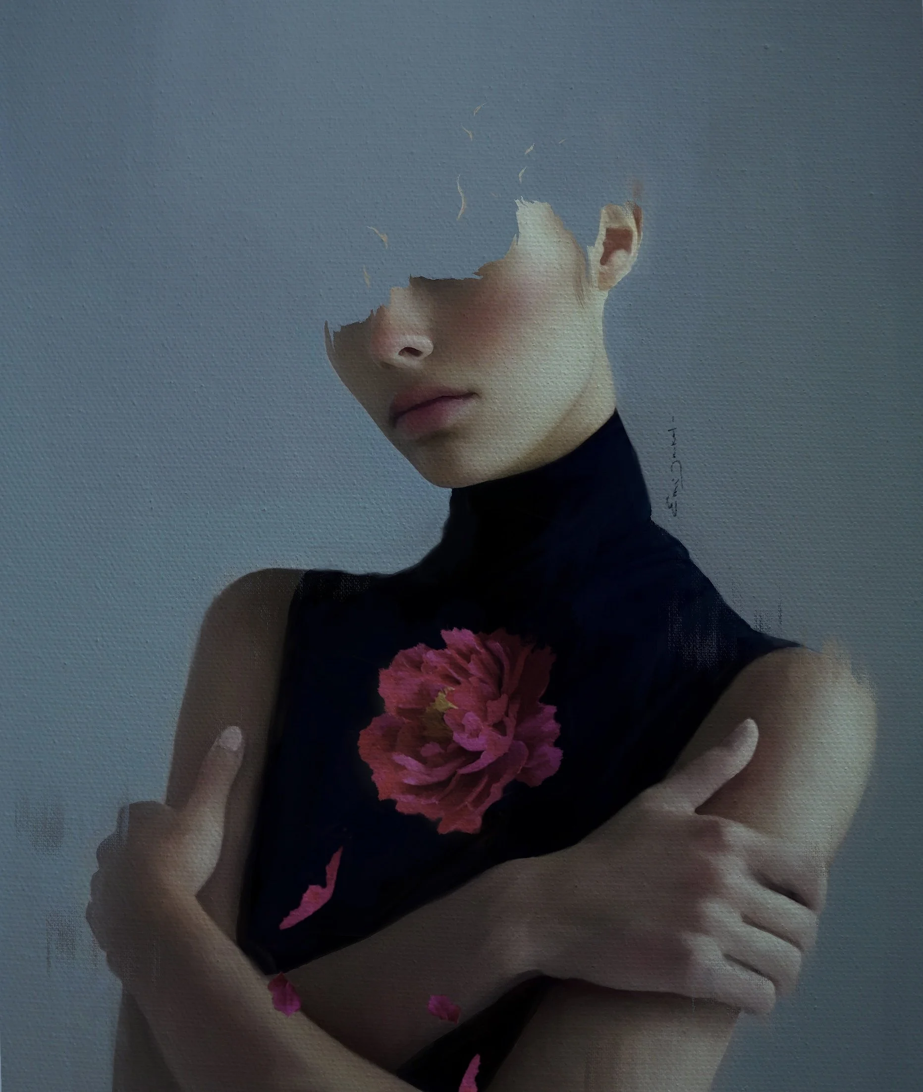 Artistic portrait of a person with a partially obscured face, arms crossed, wearing a dark top with a large pink flower design.
