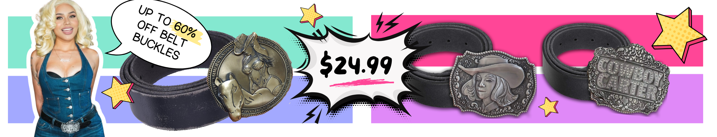 A woman with blonde hair smiling, wearing a blue denim vest and belt, standing next to a series of black leather belts with decorative buckles featuring Western and cowboy themes, with the price of $24.99 highlighted in the center.