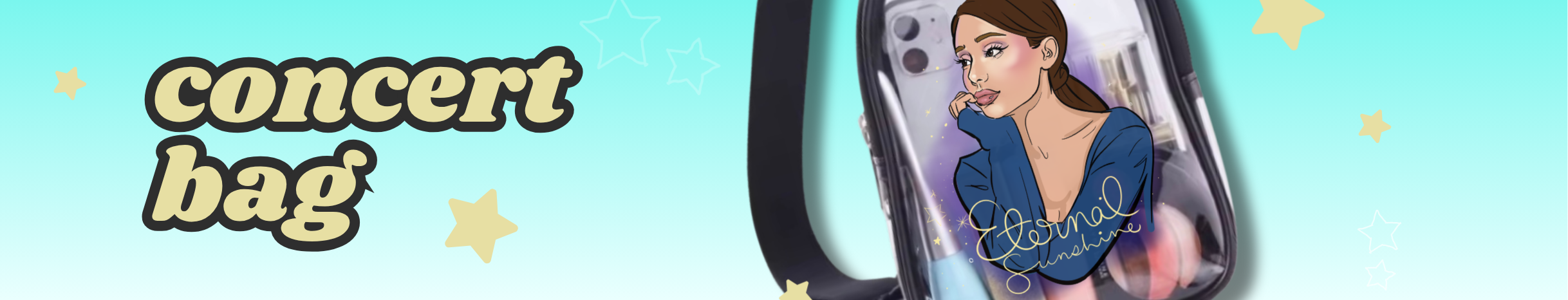 Illustration of Ariana Grande on a clear concert bag.