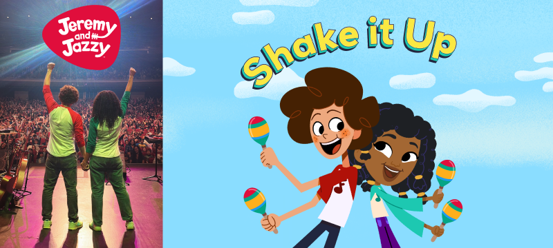 Live action Jeremy and Jazzy salute an audience while animated Jeremy and Jazzy shake maracas
