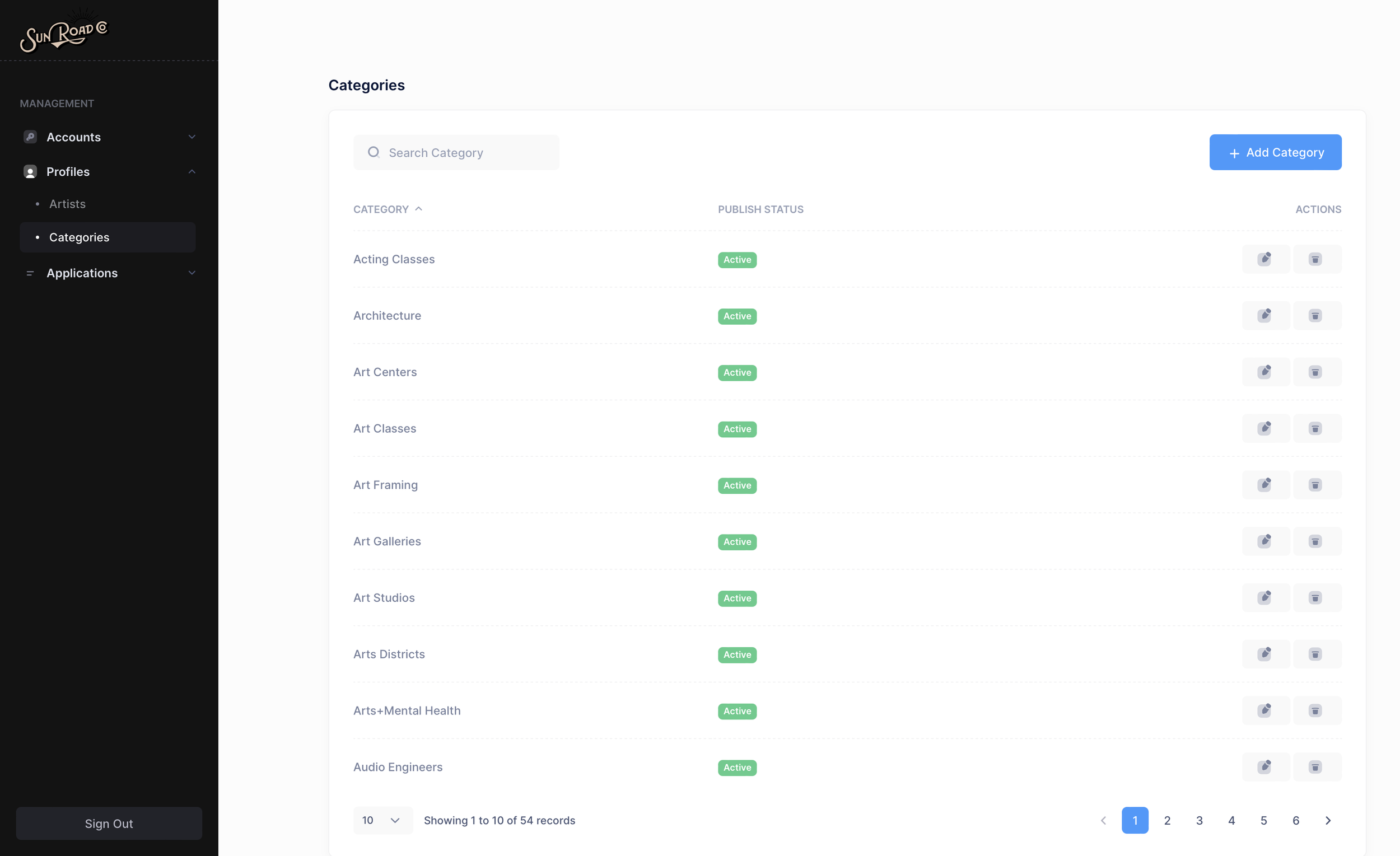 Dashboard interface displaying categories with statuses, including options for editing or deleting. Features categories like Acting Classes and Architecture. Side navigation with options like Accounts, Profiles, and Applications. "Add Category" button visible.