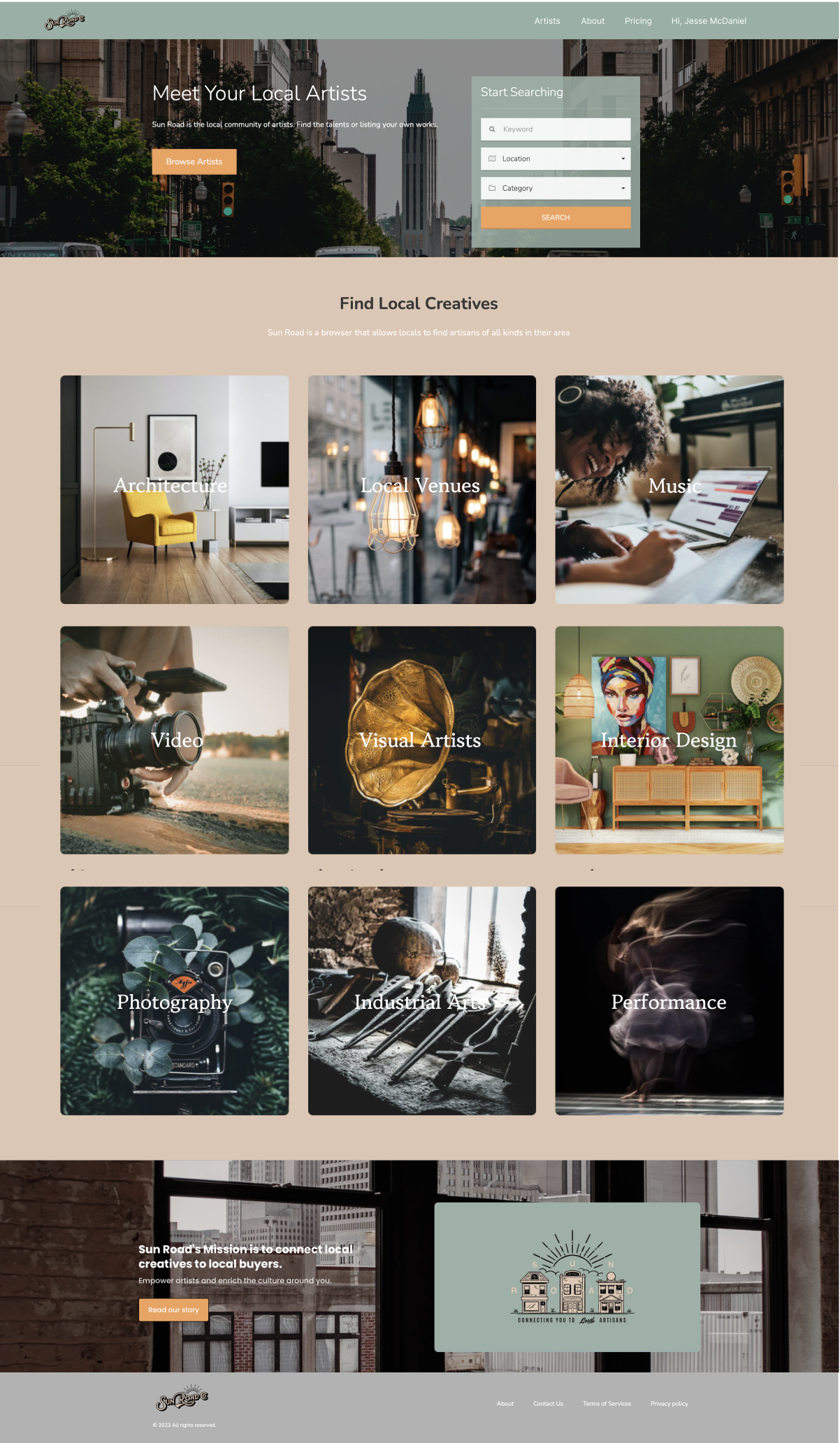 Webpage for "Sun Road" connecting local artists with categories like architecture, music, video, visual arts, interior design, photography, industrial arts, performance, and local venues.