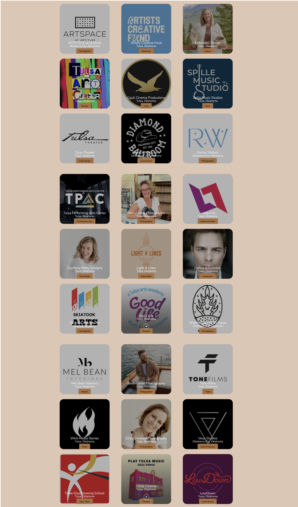 Grid of logos and photos for various Oklahoma-based businesses and organizations, including art galleries, music venues, photography studios, and more.