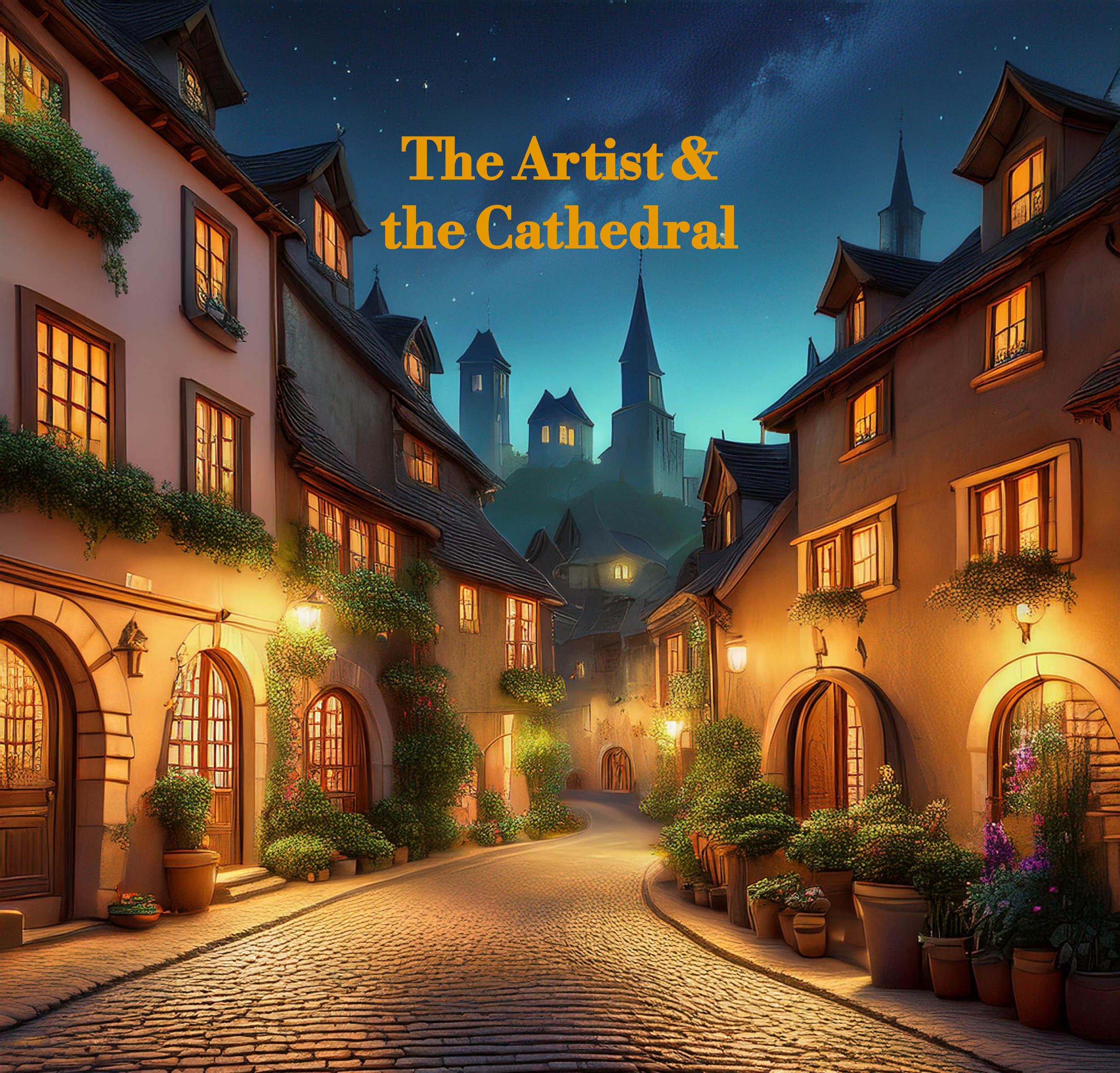 Illustration of a charming medieval street with warmly lit windows and lush greenery in front, leading to a cathedral under a starry night sky. The text reads 'The Artist & the Cathedral.'