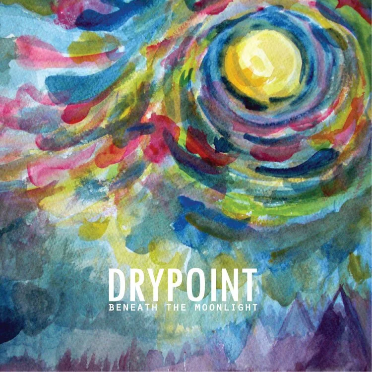 Abstract watercolor painting featuring vibrant swirls of color around a central yellow circle, resembling a moon. Text reads "DRYPOINT" and "Beneath the Moonlight."