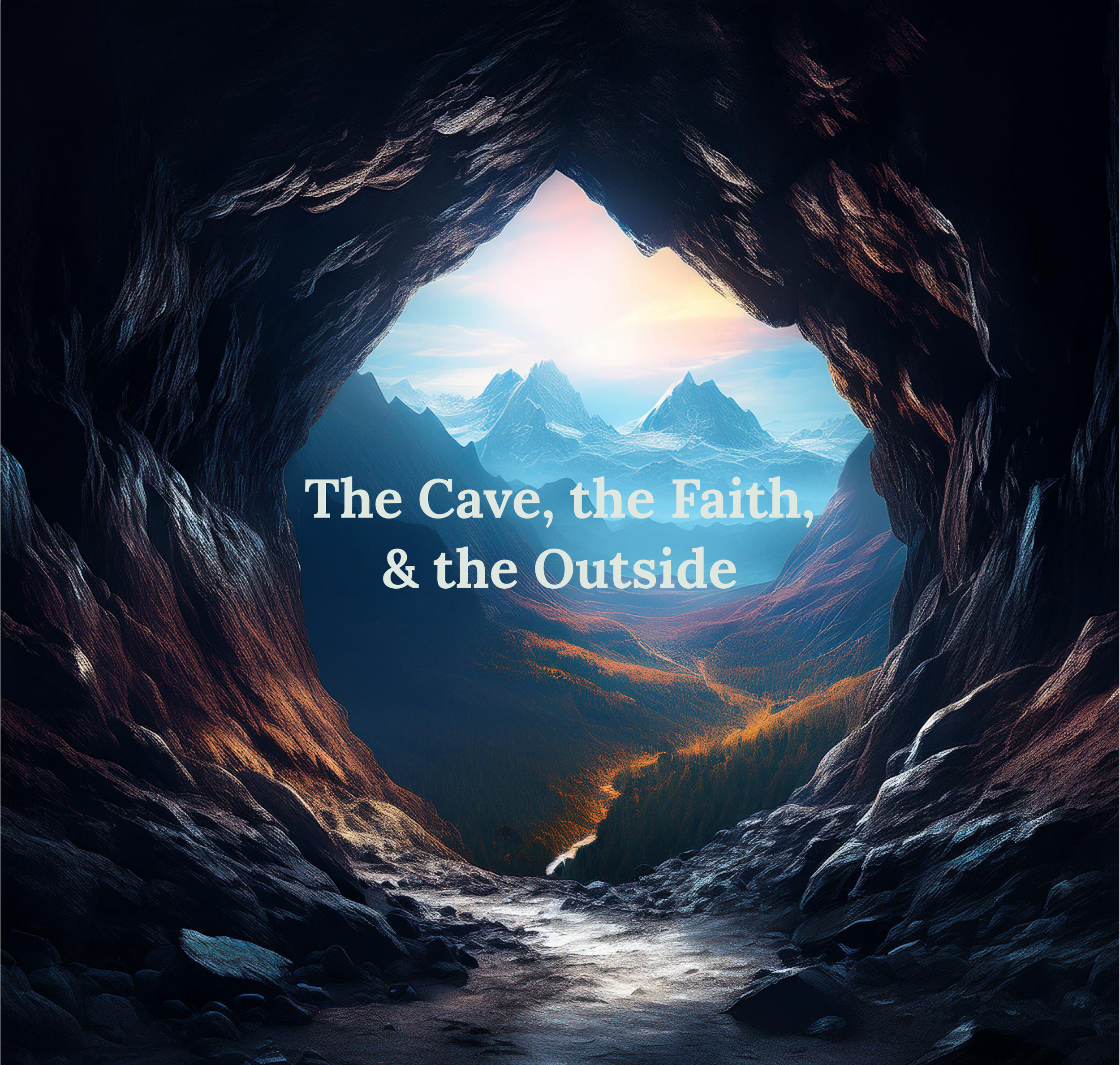 View from inside a cave looking out to mountains with text "The Cave, the Faith, & the Outside."