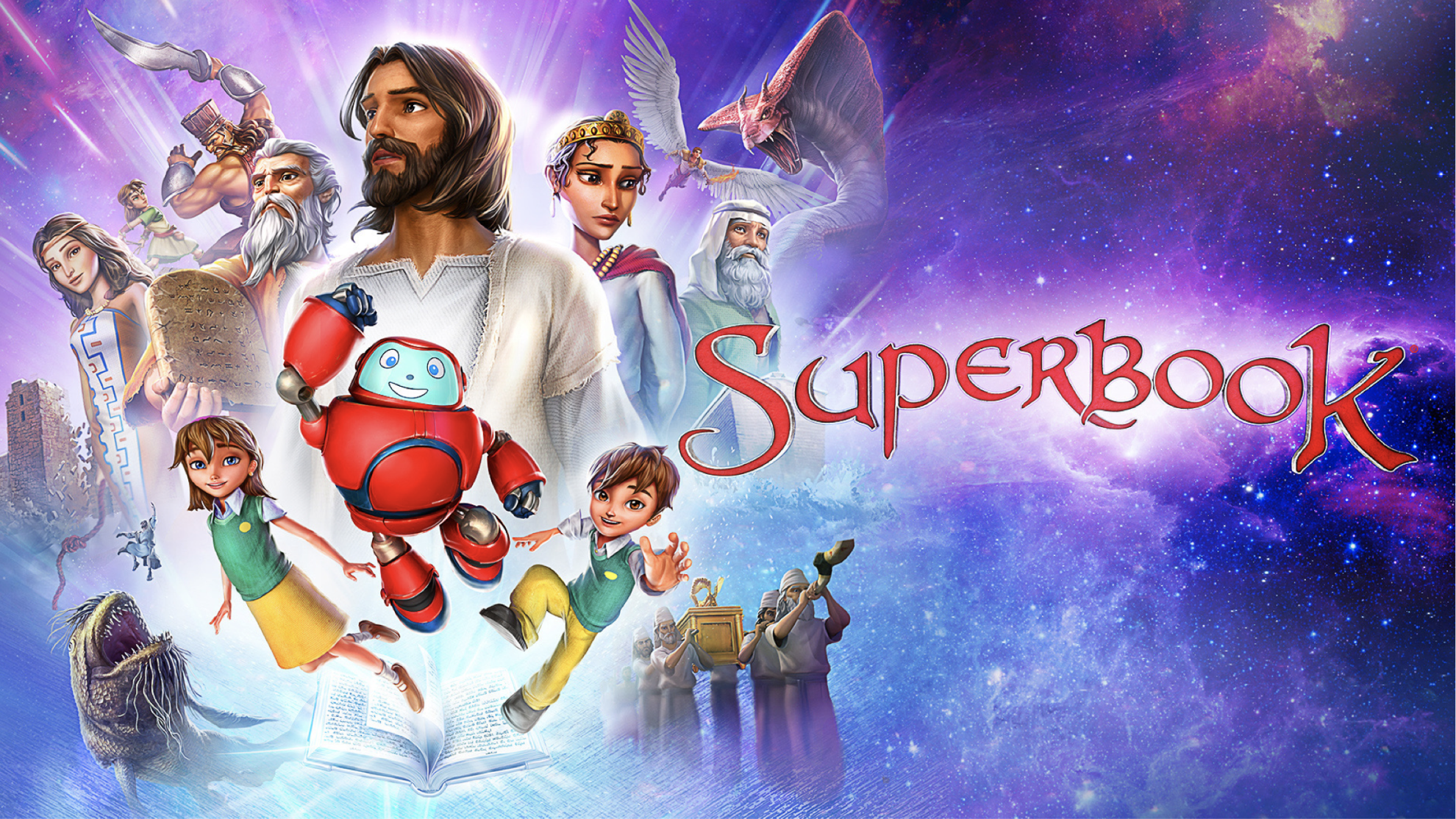 Superbook animated characters with a cosmic background.
