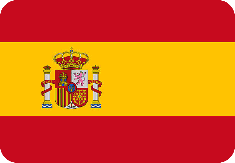 Bandeira da Espanha com listras vermelhas e amarelas, brasão central e detalhes em azul e dourado, incluindo uma coroa.