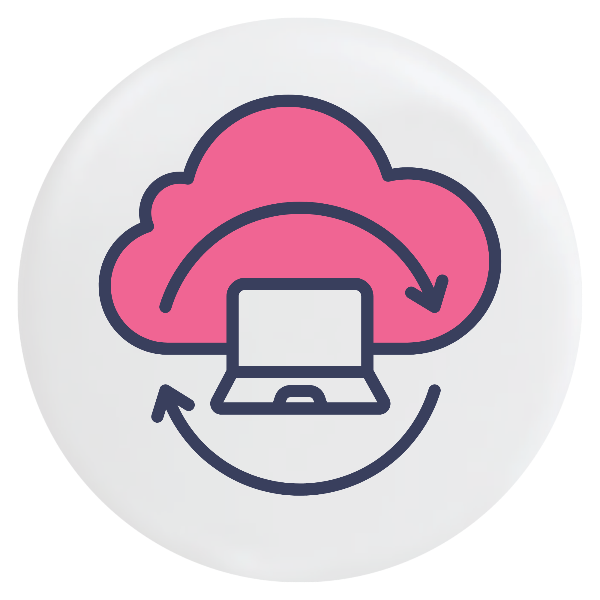 A stylized icon of a pink cloud with a laptop in front of it, framed by arrows over a solid white circle with a glossy, reflective surface.