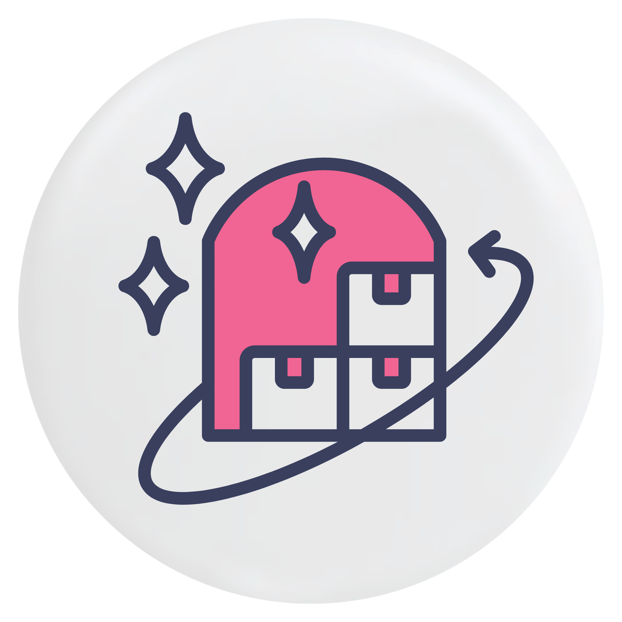 A stylized icon of stacked boxes within a rounded archway, encircled by an arrow, with stars indicating quality or cleanliness over a solid white circle with a glossy, reflective surface.