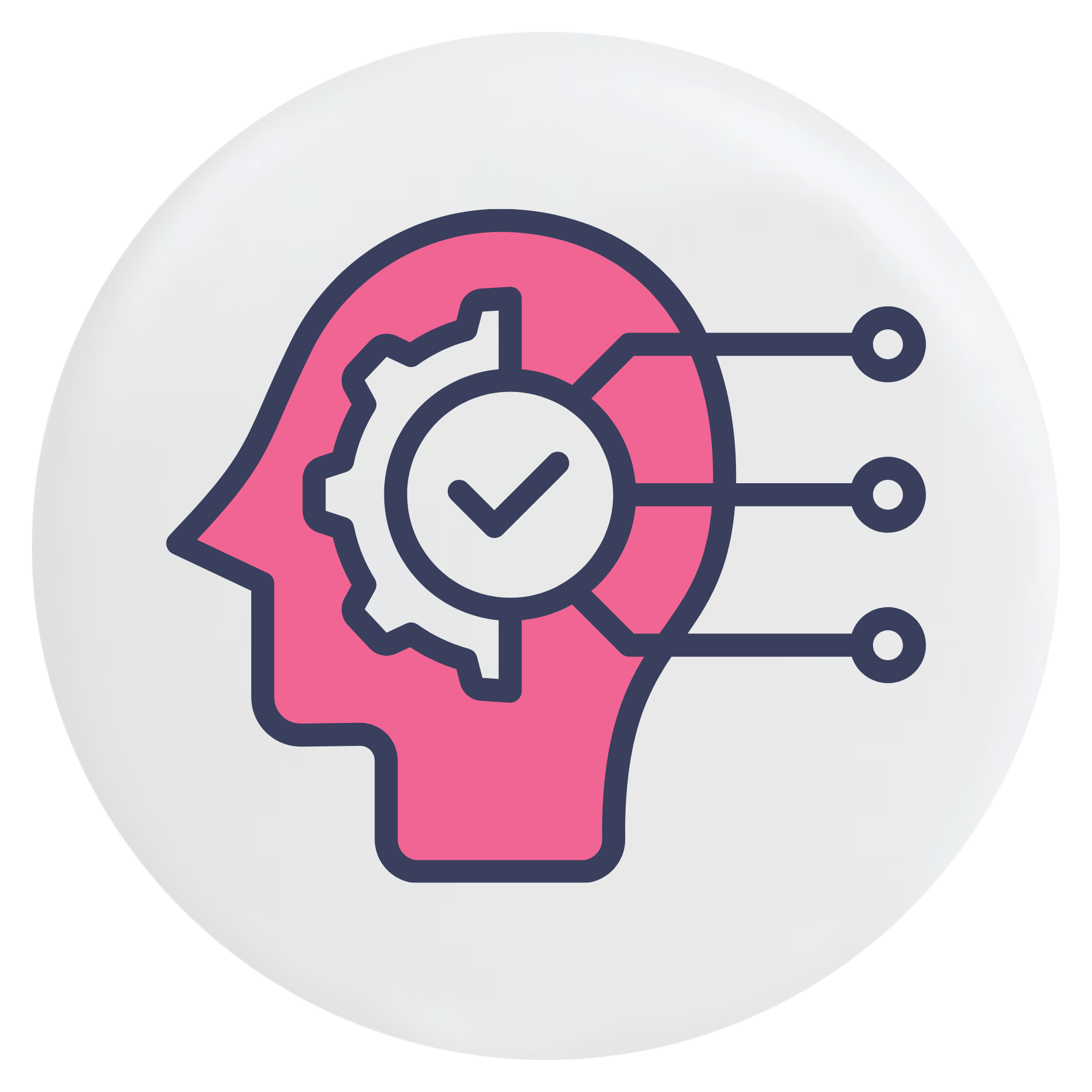 A stylized icon of a head with a gear with a check mark inside, connected to three nodes over a solid white circle with a glossy, reflective surface.