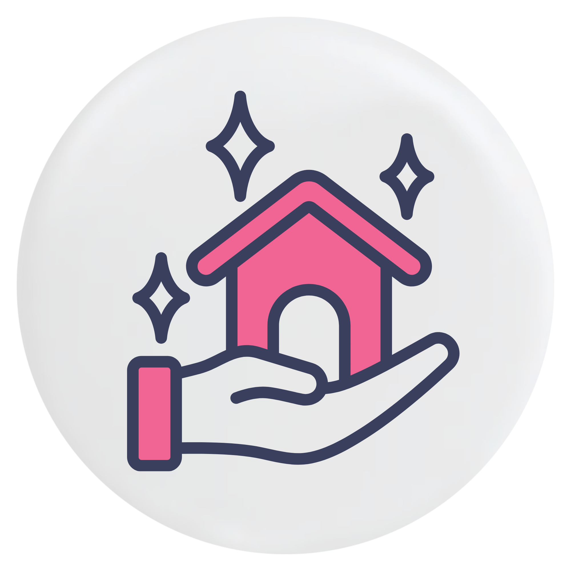 A stylized icon of a hand holding a small house with starbursts over a solid white circle with a glossy, reflective surface.
