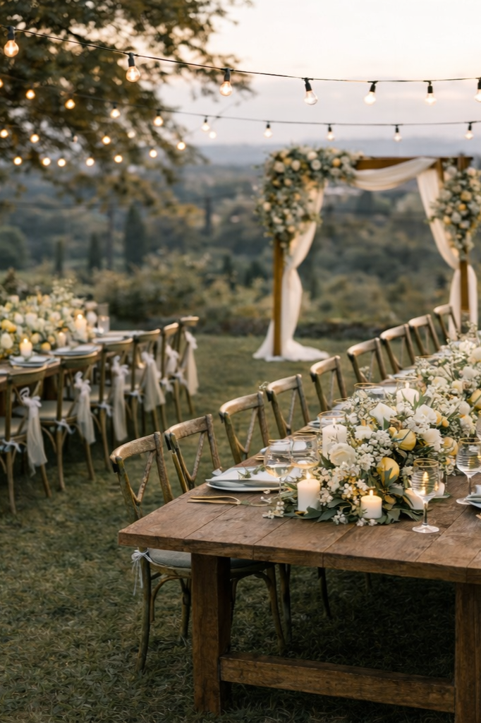 Eine festlich gedeckte Abendmahlzeit im Freien mit Holzstühlen, Blumen, Kerzen und Lichterketten. Im Hintergrund ist ein romantischer Hochzeitsbogen mit weißen Stoffen und Blumen zu sehen.